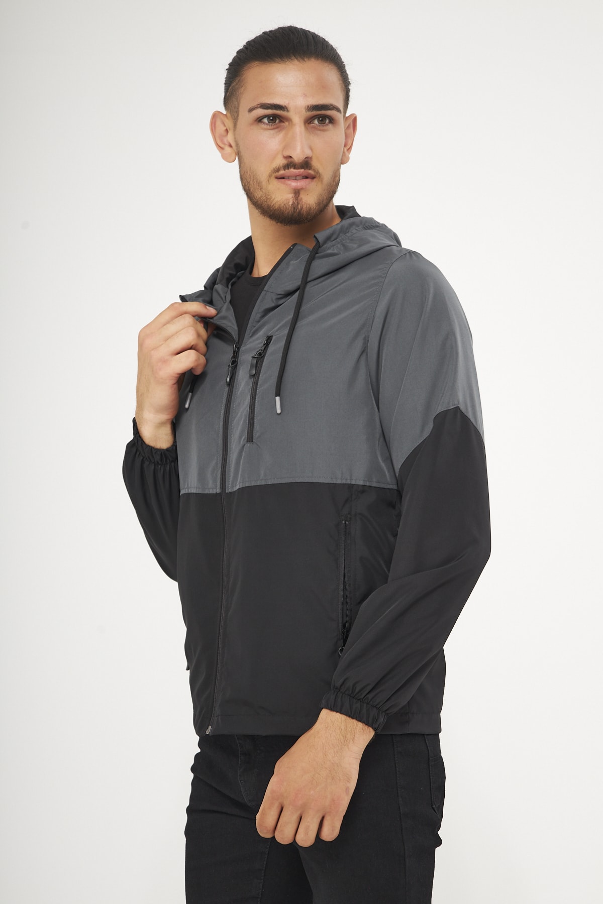 Levně River Club Men's Anthracite- Black Two Colors Inner Lined Water-Resistant Hooded Raincoat with Pocket.