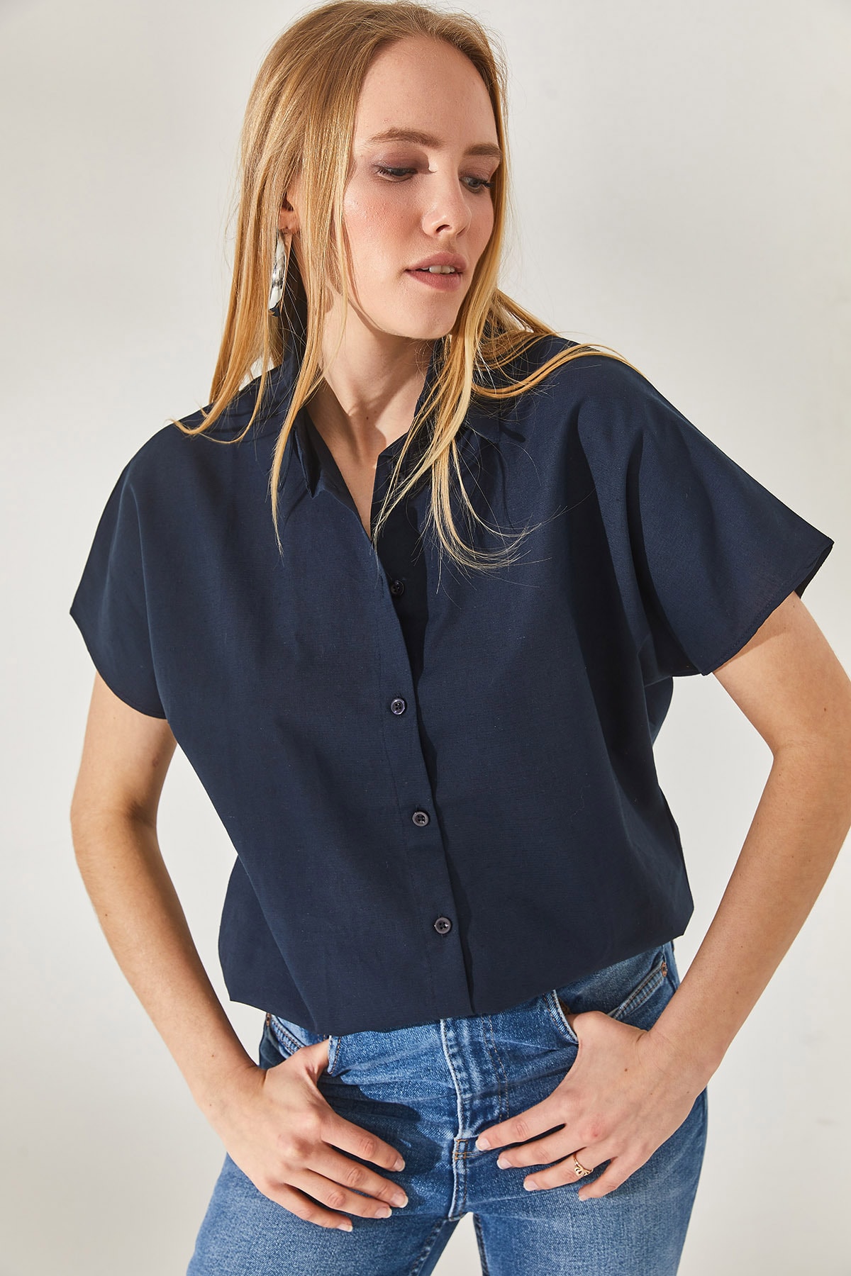 Olalook Women's Navy Blue Bat Oversized Linen Shirt