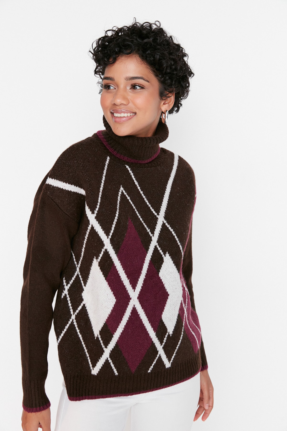 Trendyol Brown Turtleneck Jacquard Knitwear Sweater