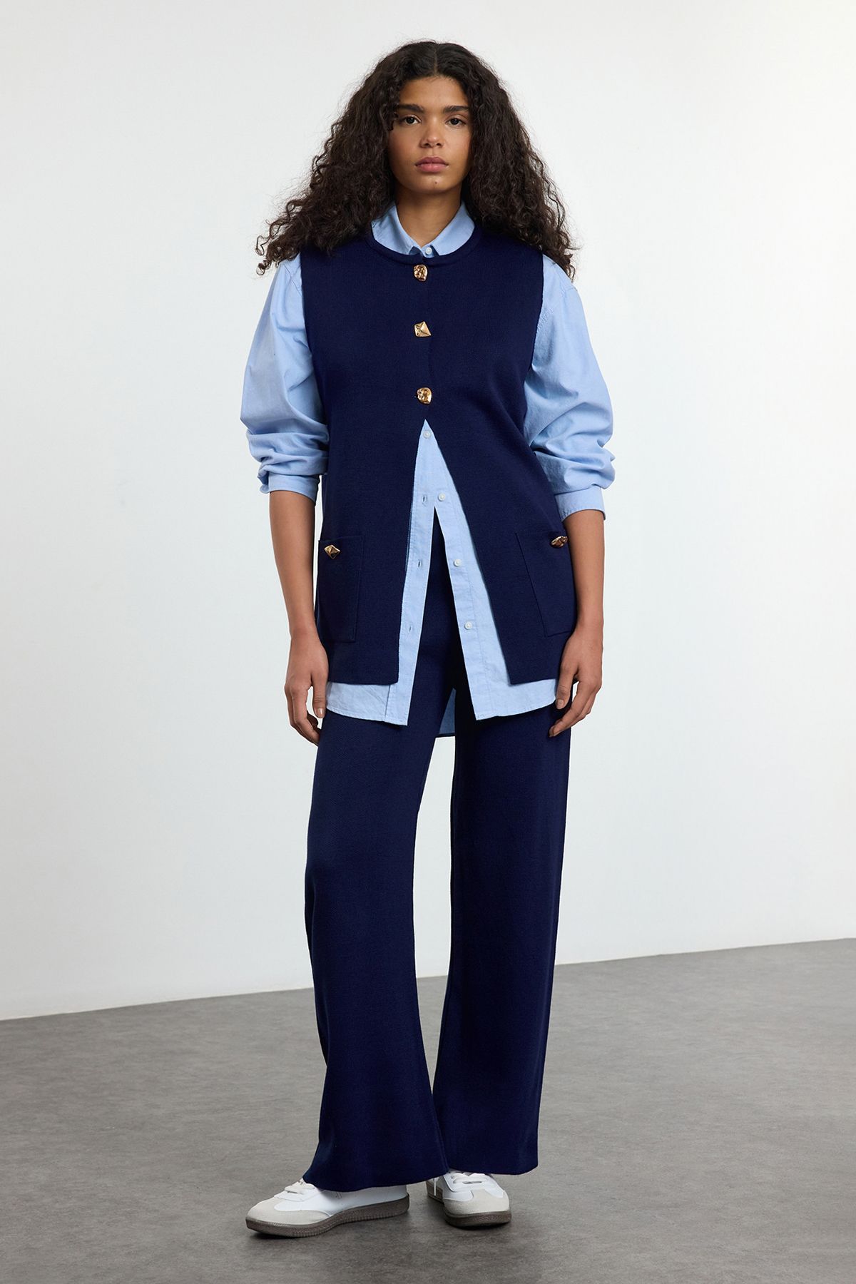 Trendyol Navy Blue Wide Cut Button Detailed Vest-Pants Knitwear Bottom-Top Set