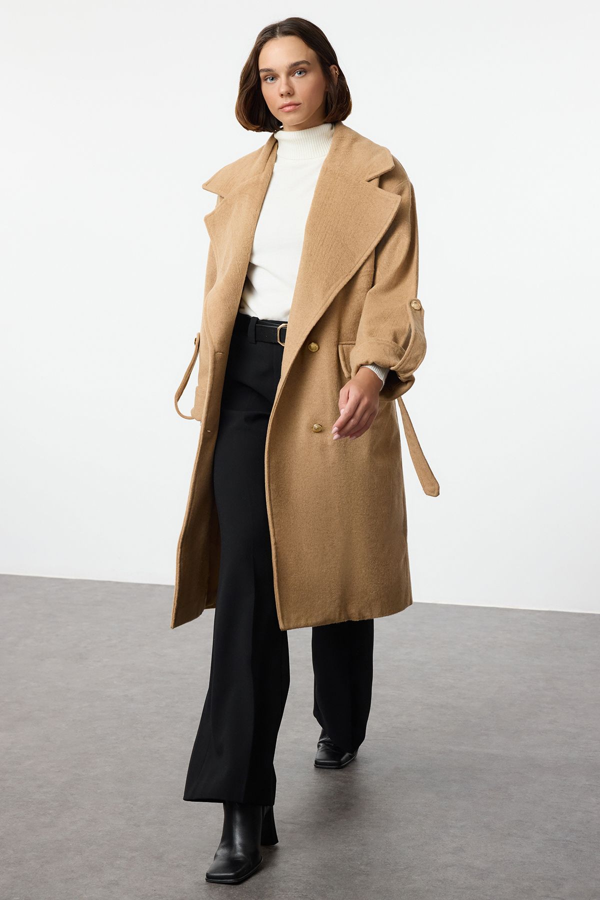 Trendyol Camel Belted Foldable Sleeves Regular Wool Trench Coat