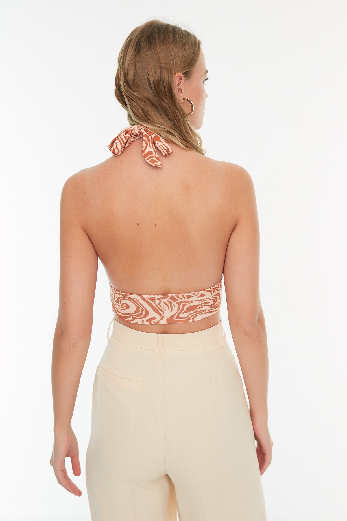 Trendyol Orange Printed Barter Fitted Super Crop Stretch Knit Blouse