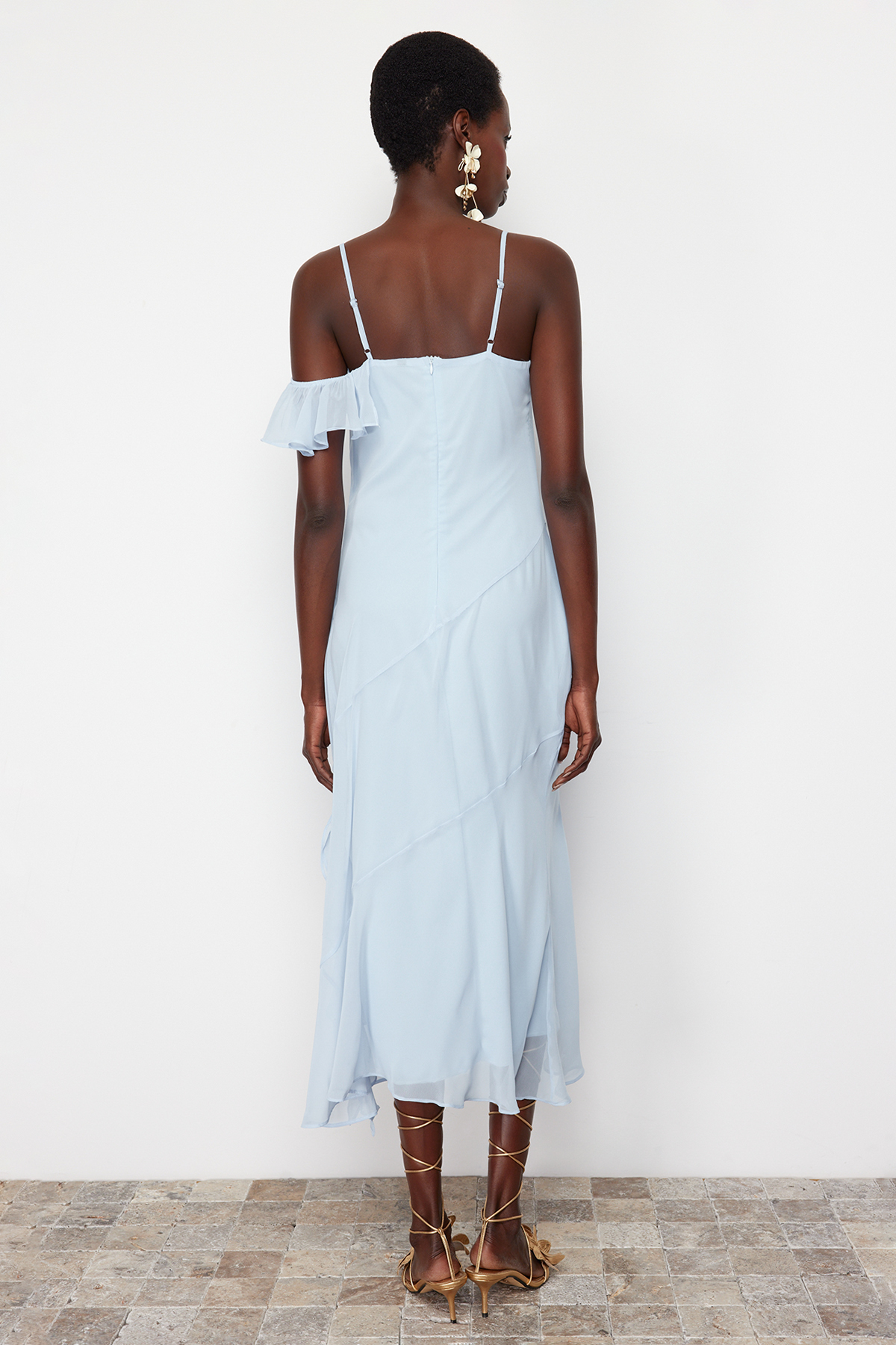 Trendyol Light Blue Flounce Woven Chiffon Elegant Evening Dress