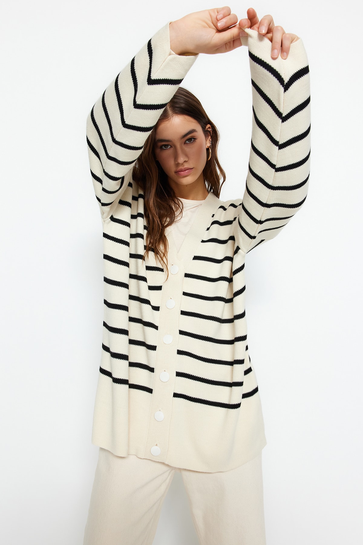 Trendyol Stone Black Striped Knitwear Cardigan