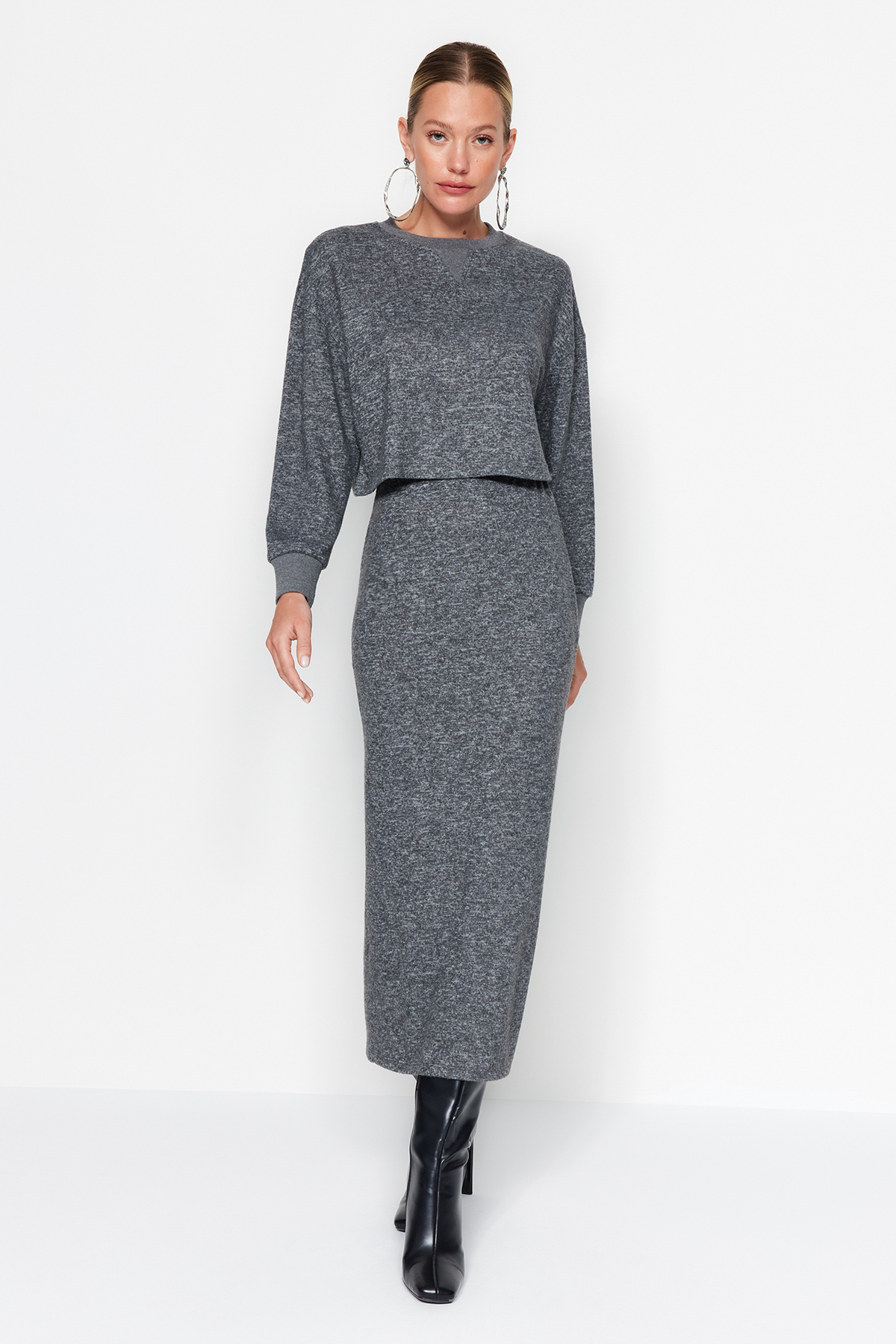 Trendyol Anthracite, Soft Fabric Knitted Top and Bottom Set