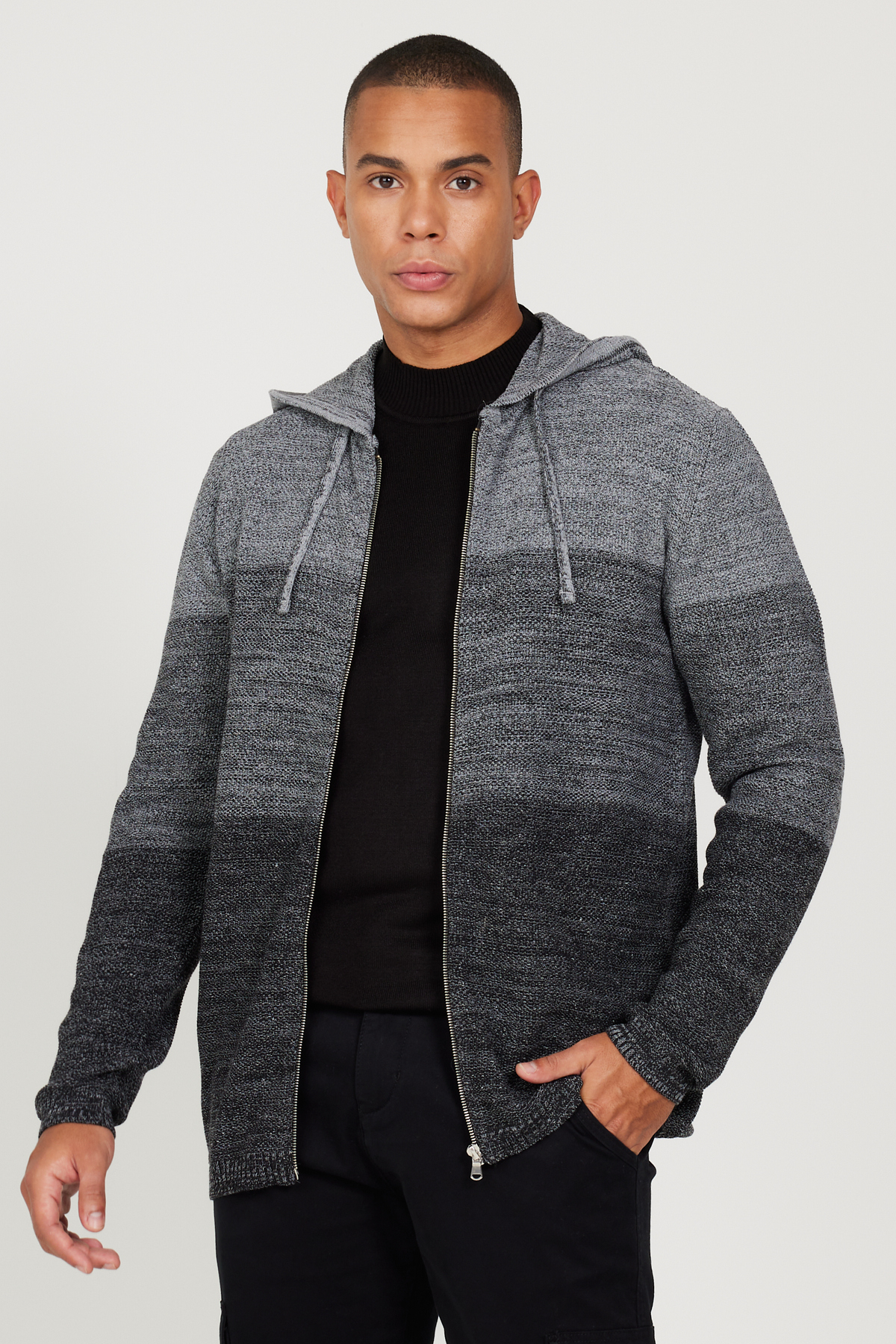 AC&Co / Altınyıldız Classics Men's Black-gray Standard Fit Regular Cut Hooded Patterned Knitwear Cardigan
