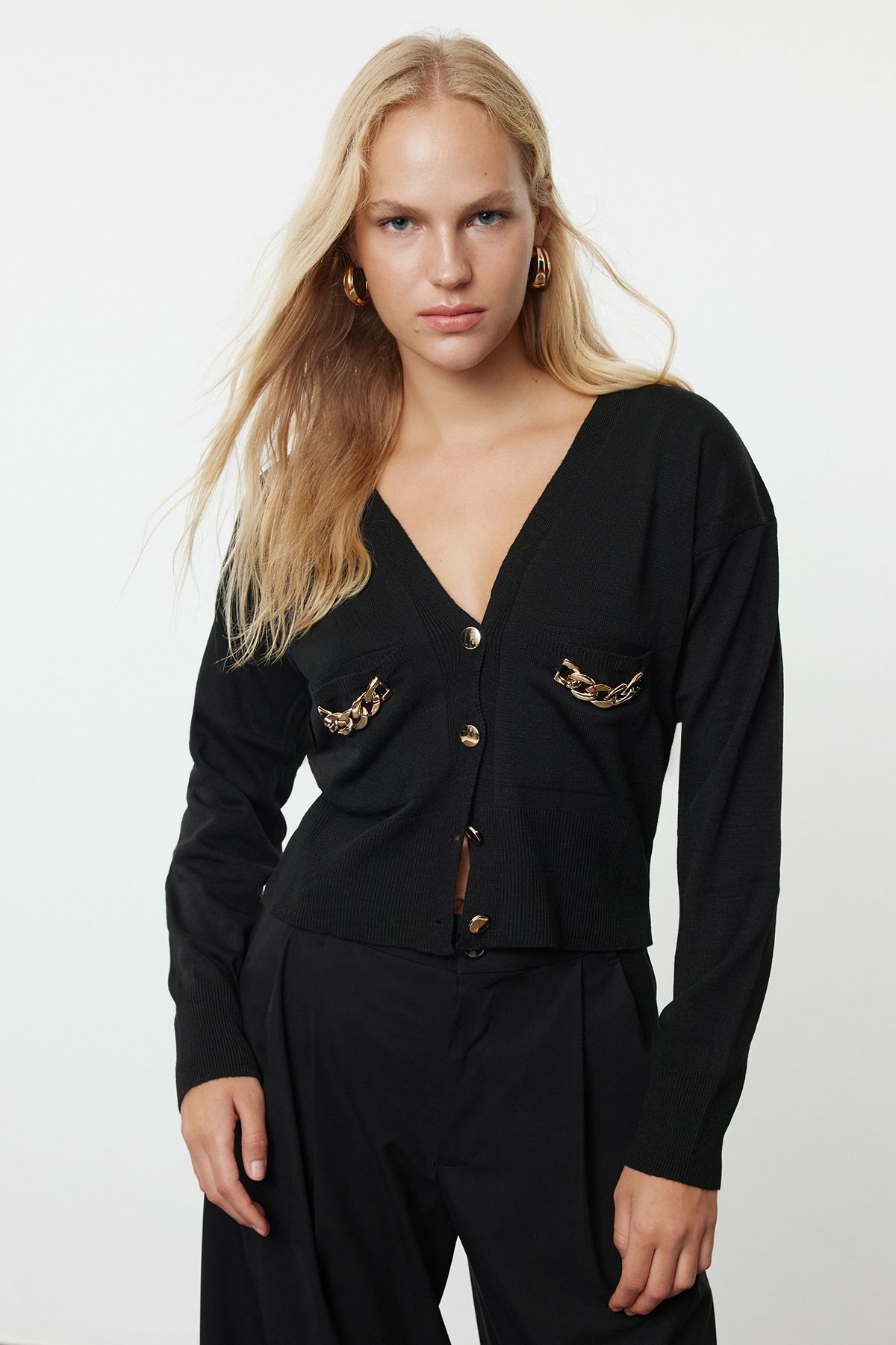 Trendyol Black Accessory Detailed Knitwear Cardigan