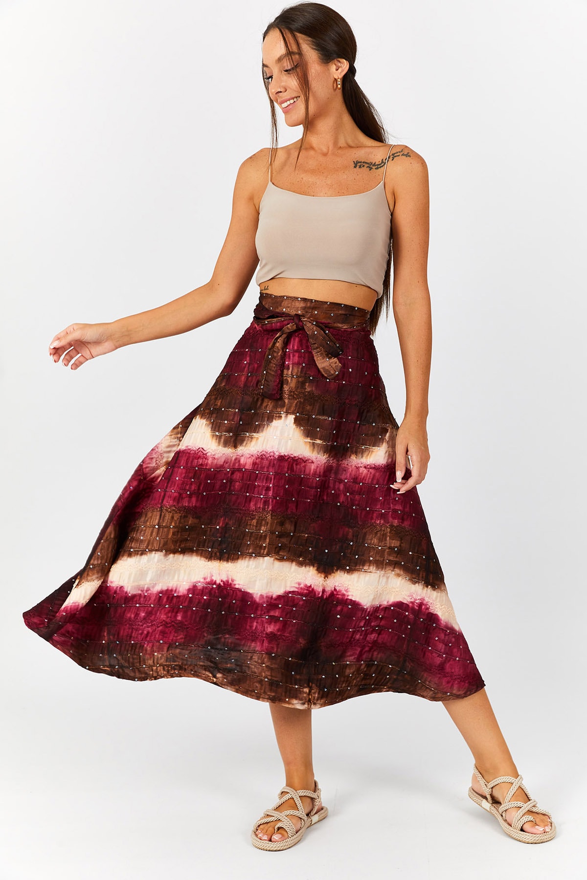 Armonika Women's Plum Batik Patterned Sequin Tie Waist Skirt