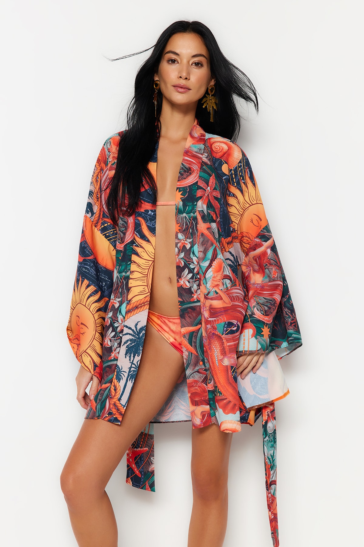 Trendyol Tropical Patterned Belted Flounce Mini Woven Beach Kimono&amp;Caftan