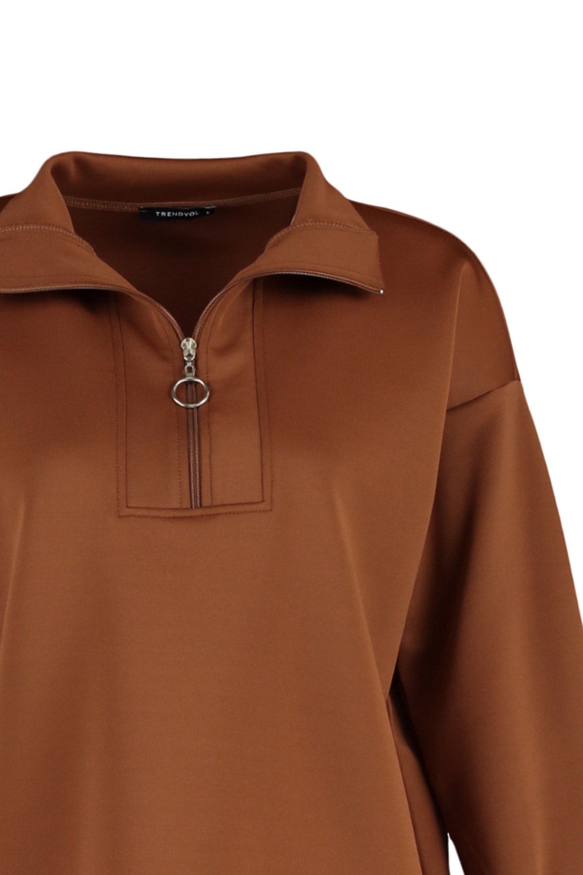 Trendyol Brown Oversize Zipper Detailed Diver/Scuba Knitted Sweatshirt