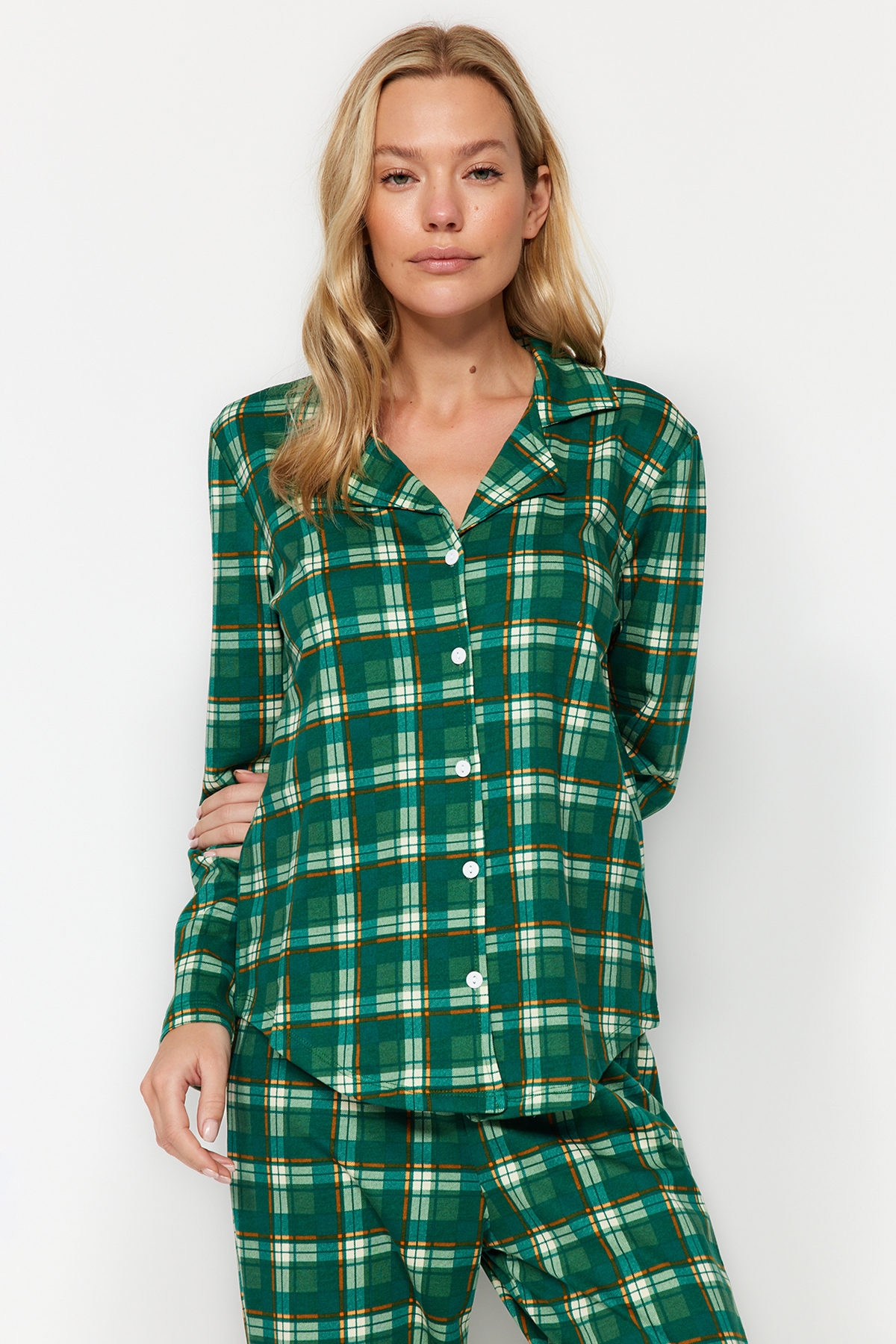 Levně Trendyol Green 100% Cotton Check Shirt-Pants Knitted Pajamas Set