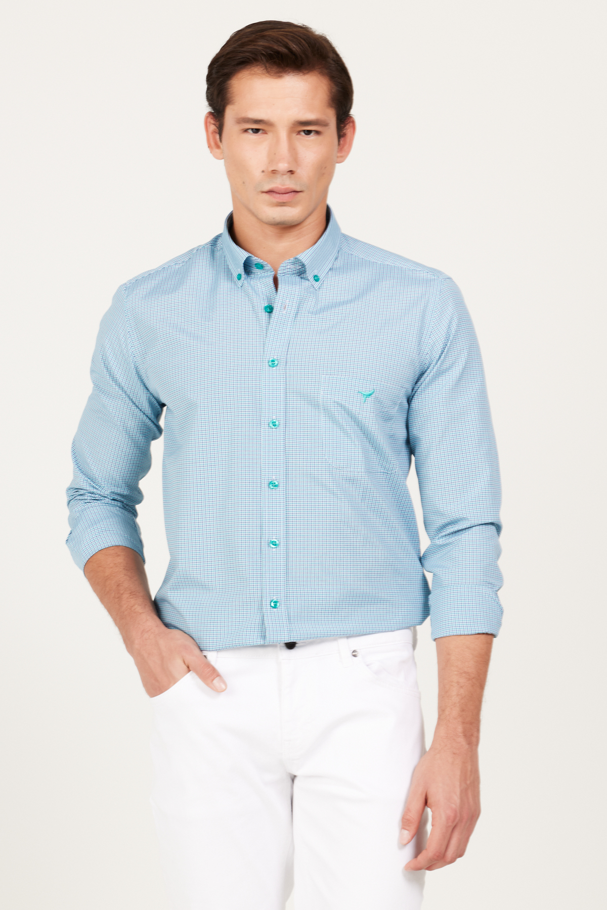 Levně AC&Co / Altınyıldız Classics Men's Navy Blue-Green Slim Fit Slim Fit Button-down Collar with Logo Pocket Striped Cotton Shirt