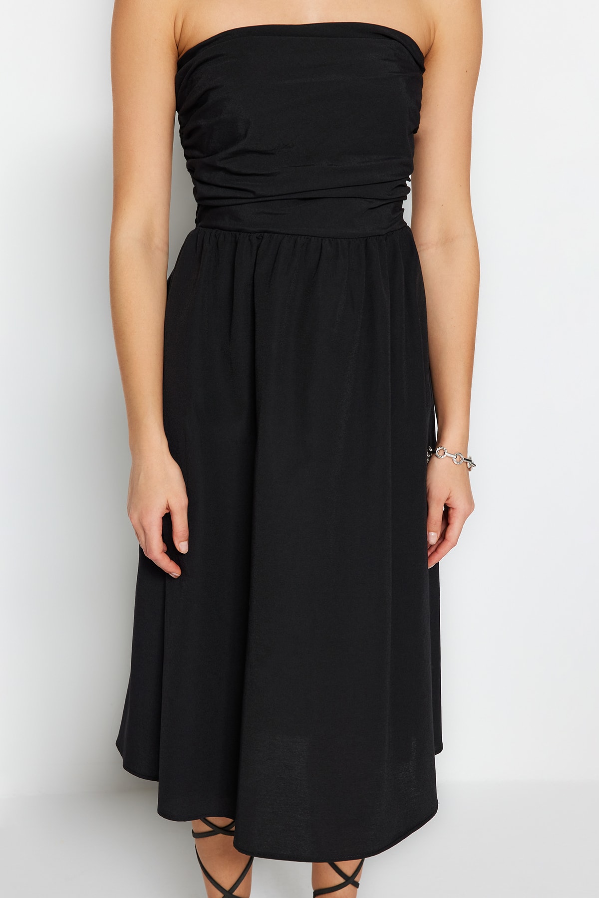 Trendyol Black A-Cut Ribbed Detailed Poplin Woven Dress