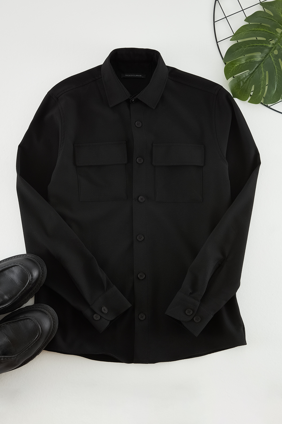 Trendyol Men's Black Regular Fit Textured Double Pocket Shirt