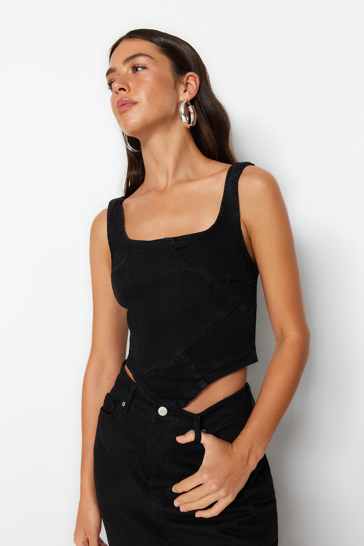 Trendyol Black Stitching Detailed Strap Denim Blouse
