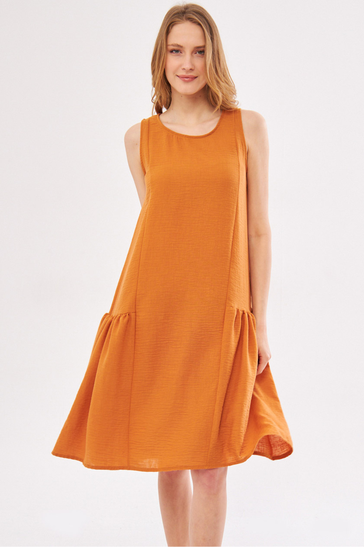 Levně armonika Women's Orange Pickled Side Gathered Sleeveless Linen Look Midi Length