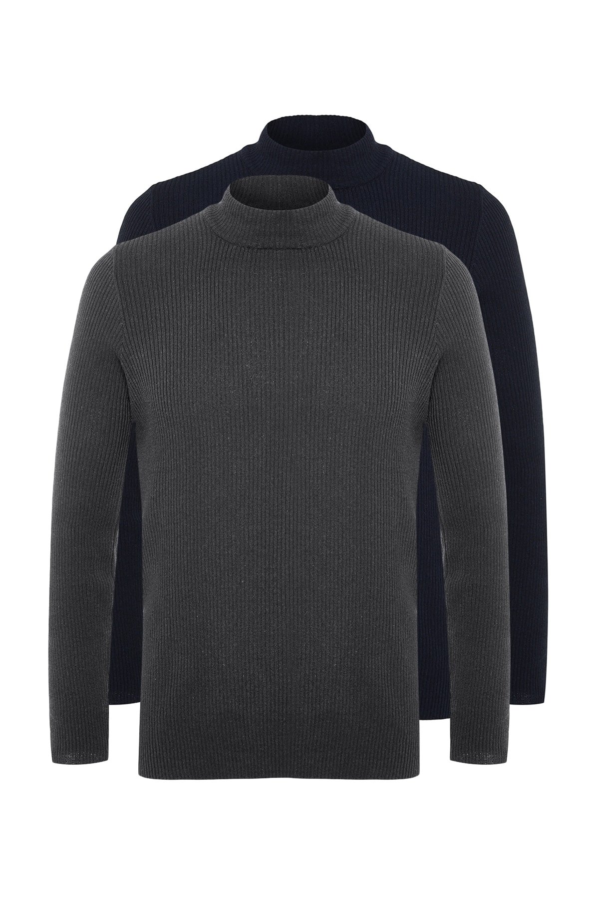 Trendyol Navy Blue-Anthracite Slim Fit Half Elastic Knit 2 Pack Knitwear Sweater