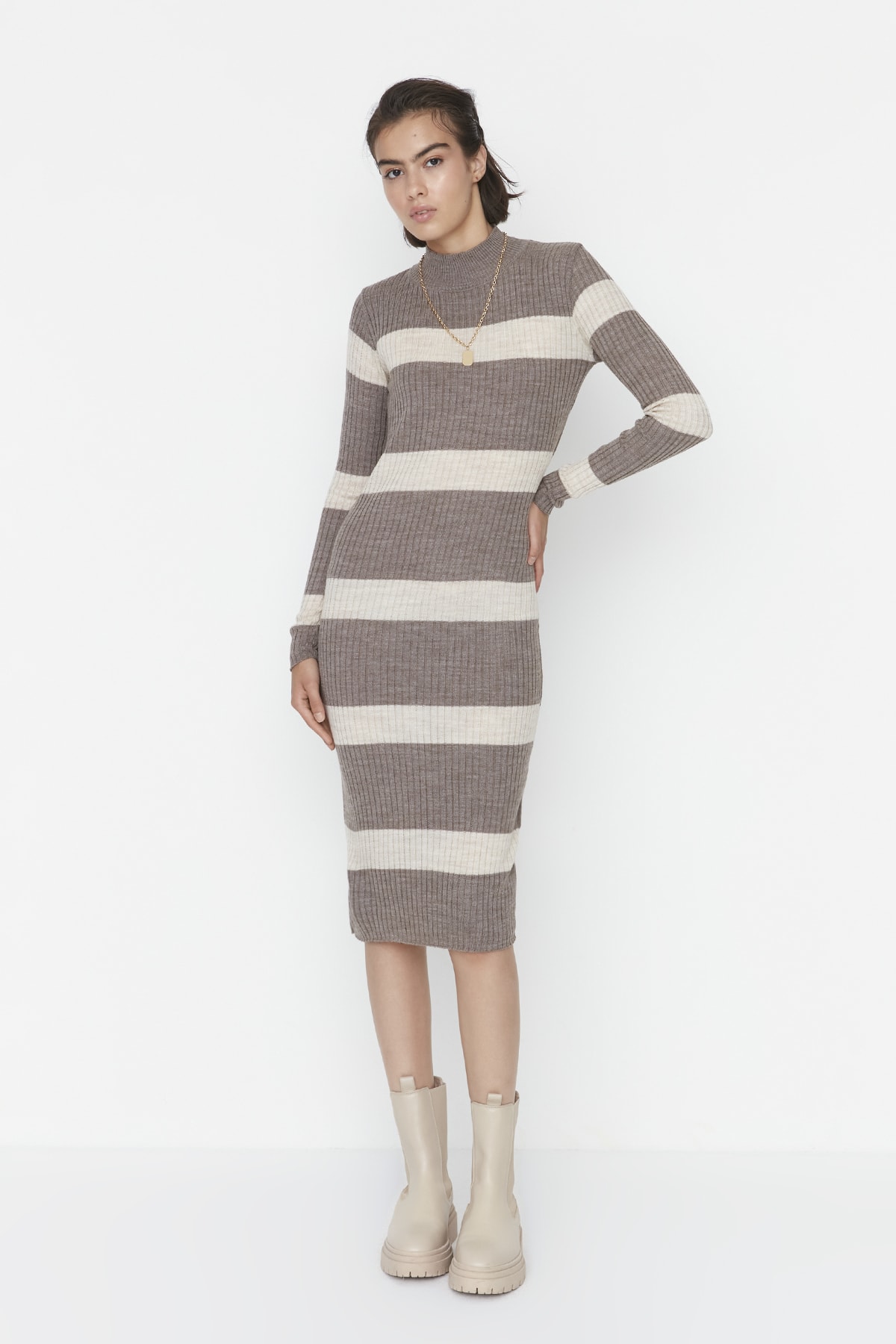 Trendyol Mink Midi Knitwear Standing Collar Dress