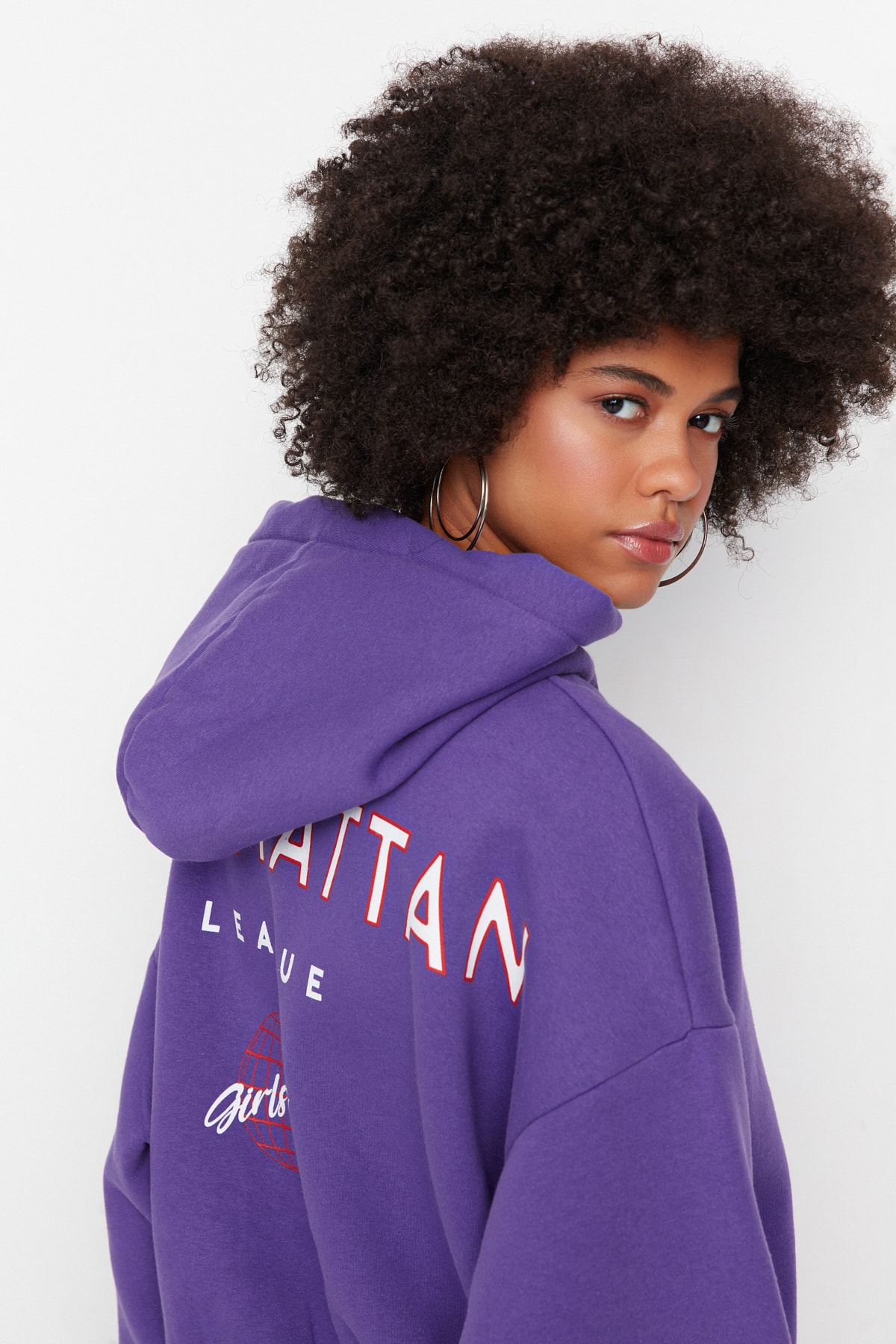 Trendyol Purple Back Print Detailed Hooded Thick Fleece Knitted Sweatshirt