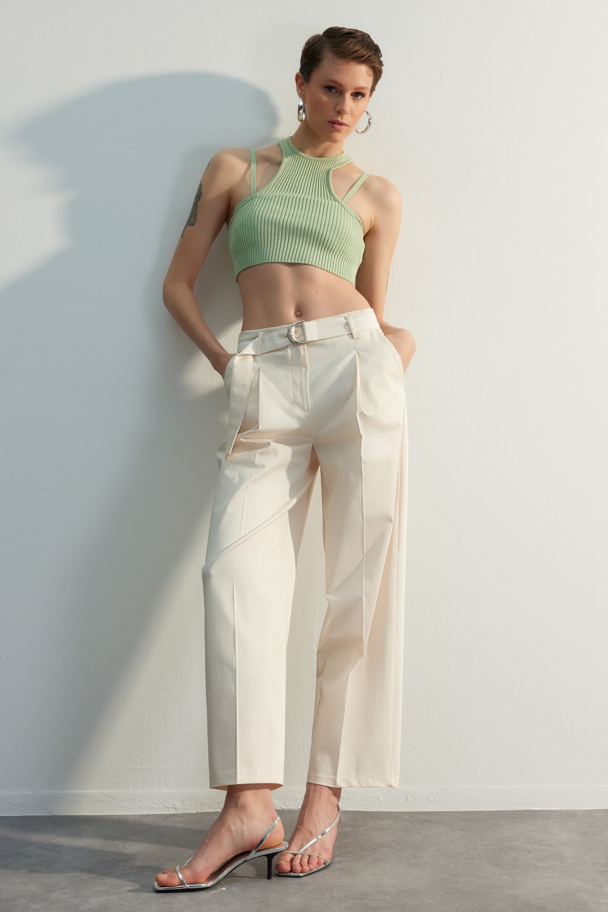 Trendyol Limited Edition Beige Belted Wide Leg Woven Trousers