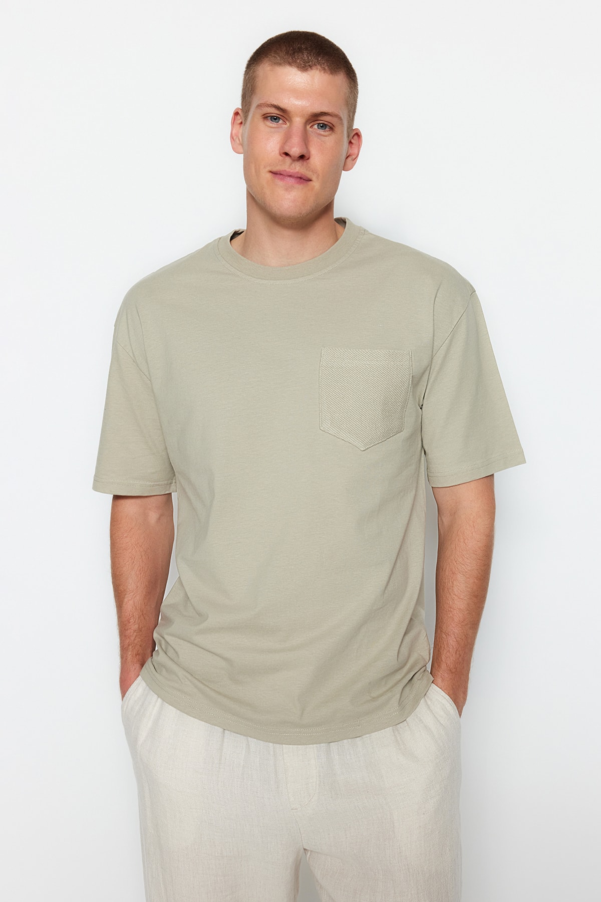 Levně Trendyol Stone Relaxed/Casual Fit Short Sleeve Textured 100% Cotton T-Shirt with Pocket