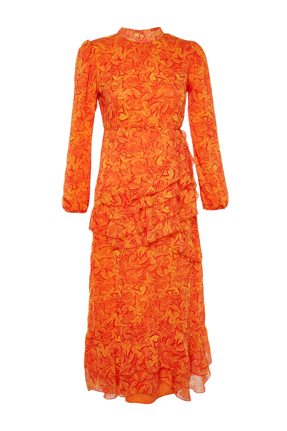 Rochie din sifon țesut căptușită cu frișcă Trendyol Frill cu o fustă florală portocalie