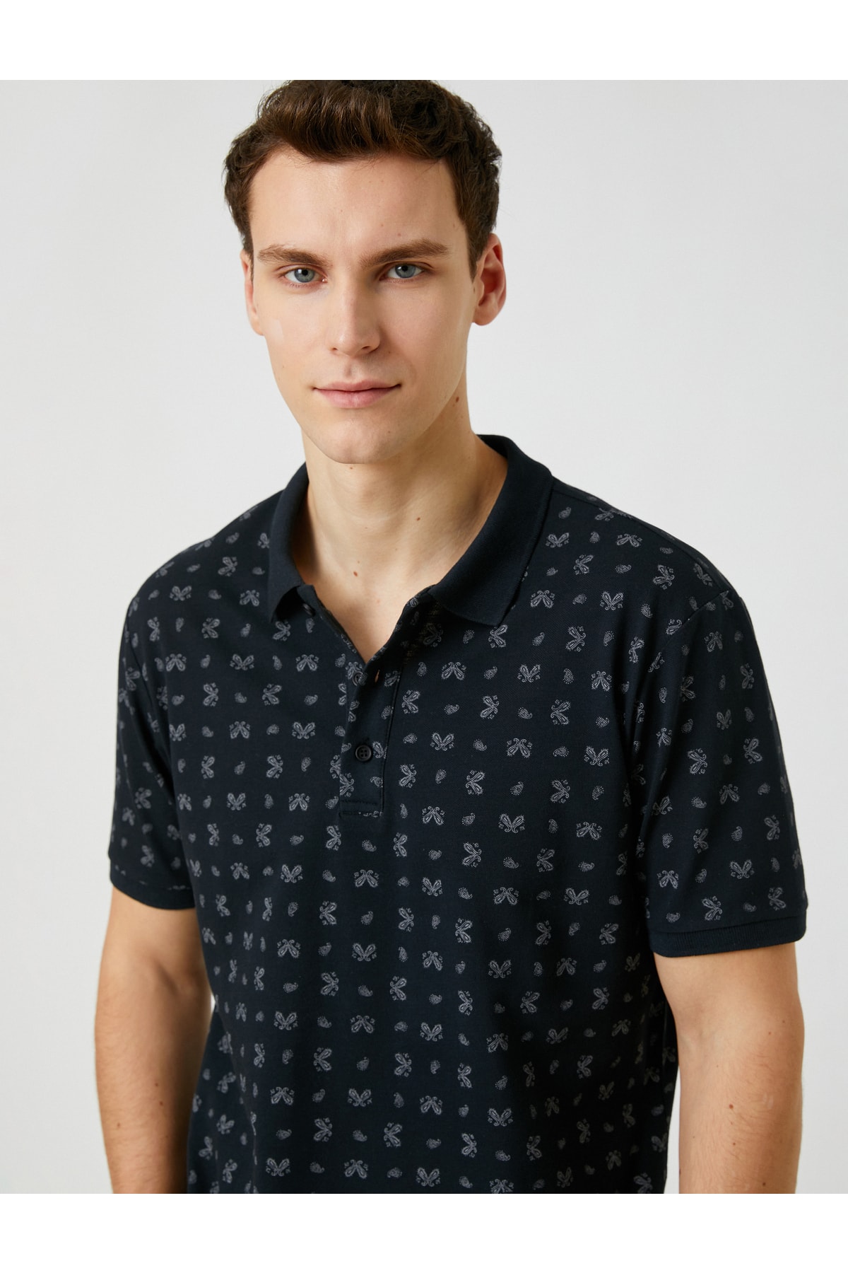 Koton Polo Neck T-shirt with Buttons, Slim-Cut Shawl Print Detailed Cotton.