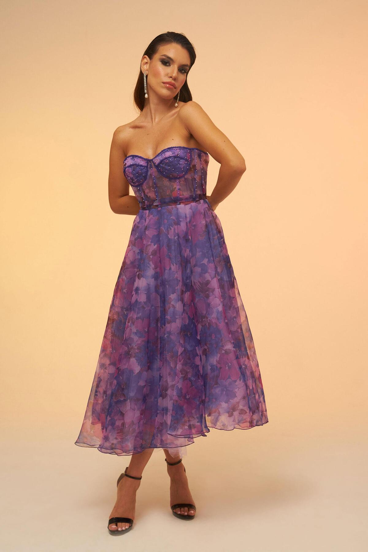 Carmen Purple Impregnated Strapless Midi Evening Dress