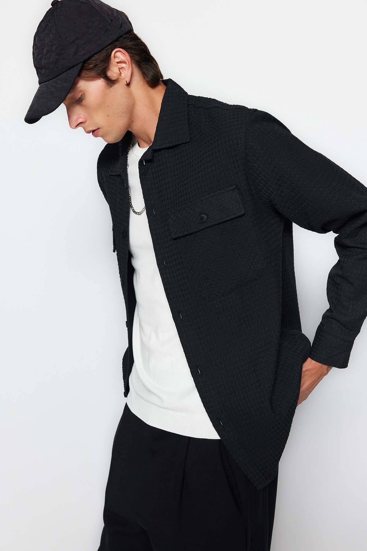 Levně Trendyol Men's Black Regular Fit Shirt Collar Waffle Textured Shirt Jacket with Pocket