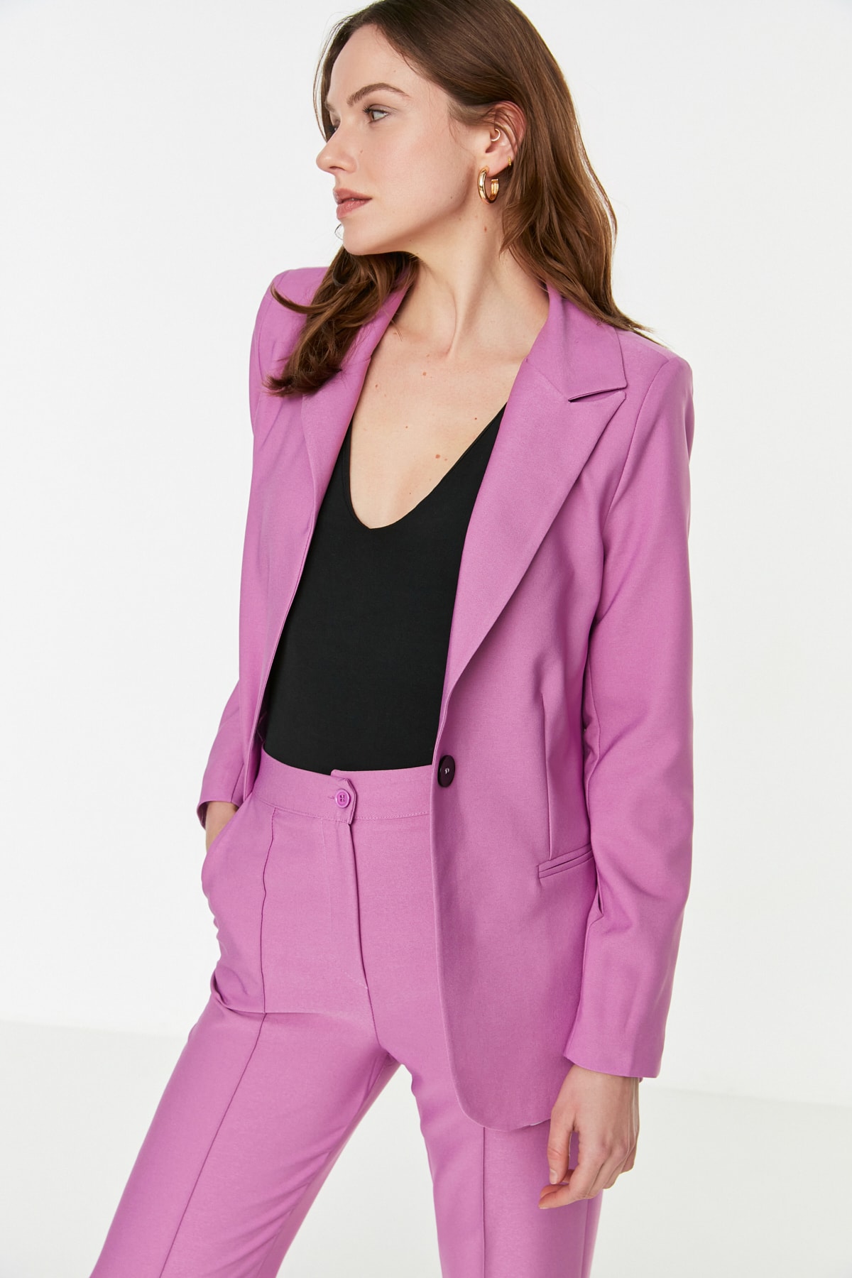 Trendyol Lilac Woven Buttoned Blazer Jacket