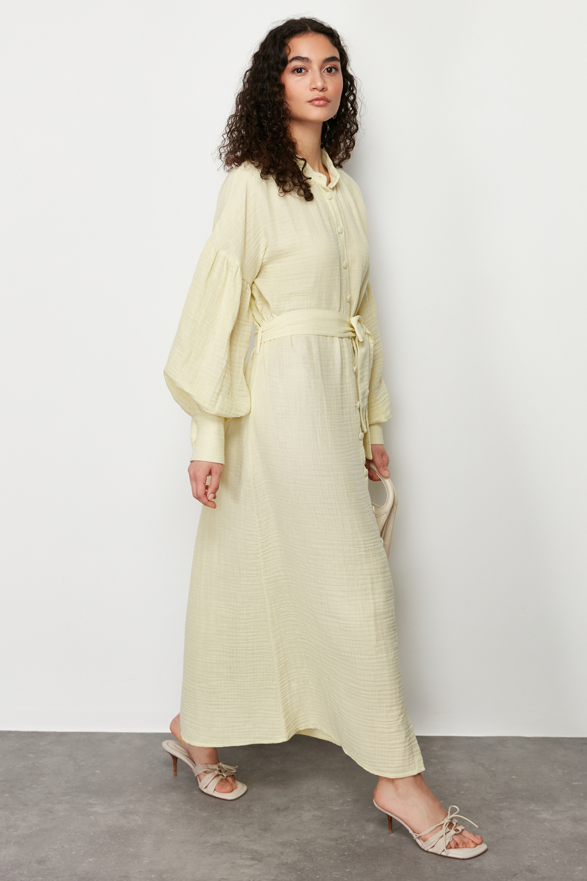 Trendyol Mint Lined Balloon Sleeve Plain Woven Dress