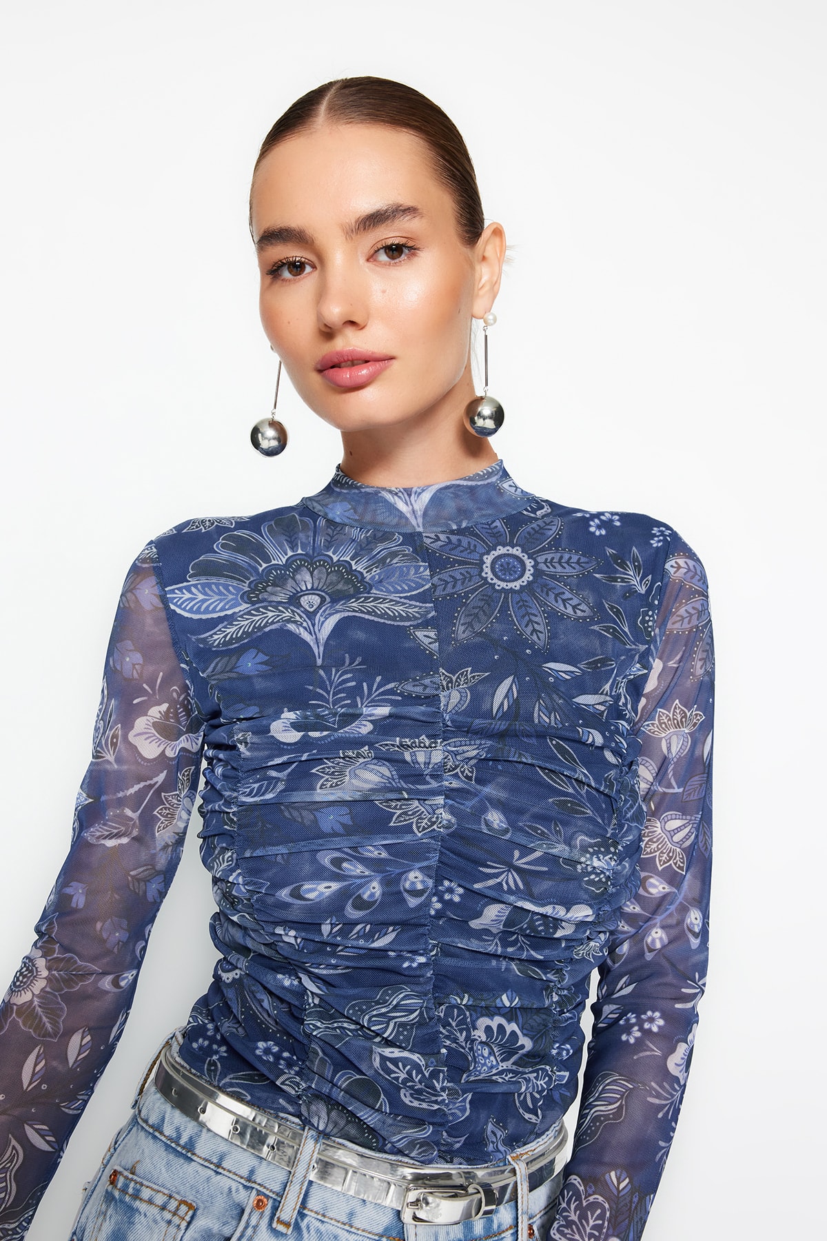 Trendyol Indigo Patterned Draped Tulle Fitted/Situated Snaps Knitted Bodysuit