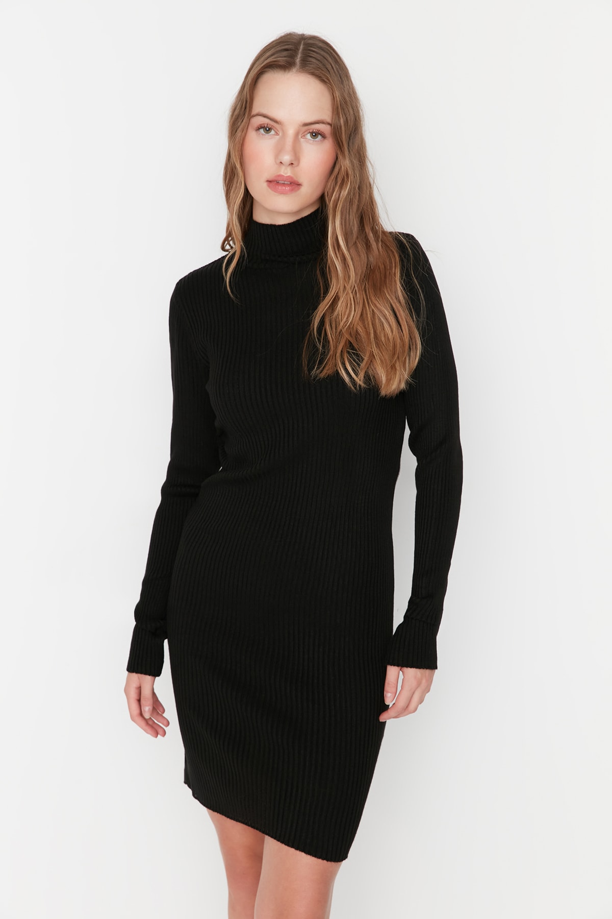 Trendyol Black Black Mini Knitwear High Collar Dress