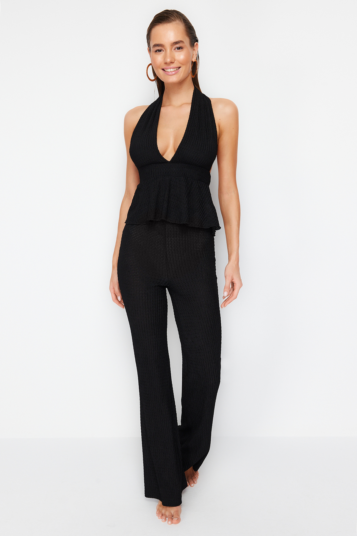 Trendyol Black Knitted Backless Blouse Trousers Set
