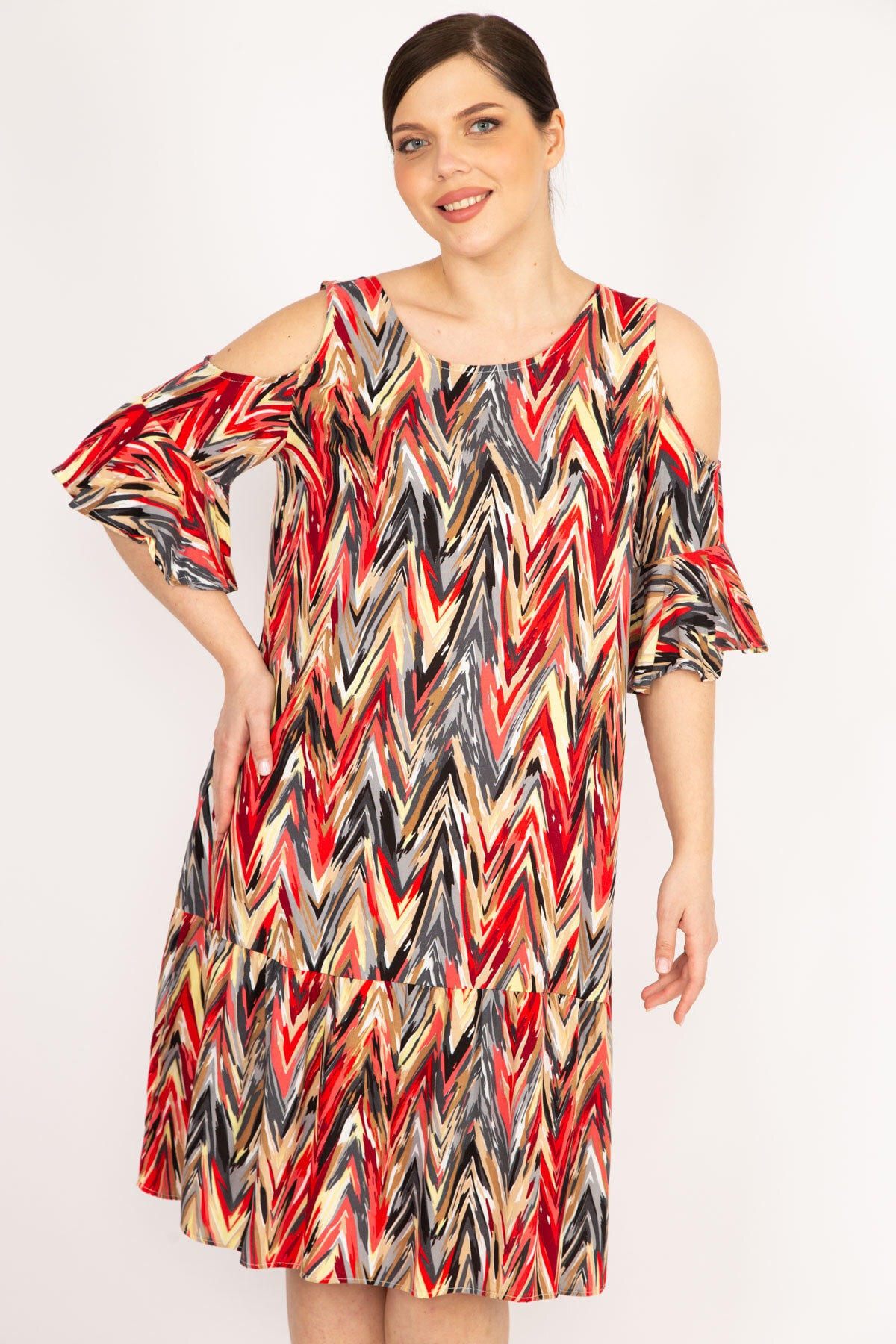 Levně Şans Women's Fujiya Plus Size Decollete Woven Viscose Fabric Side Pocket Dress