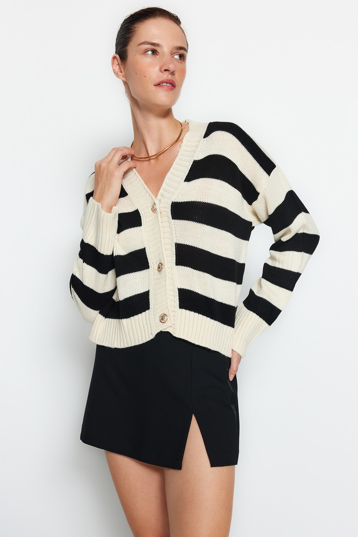 Trendyol Ecru V Neck Striped Knitwear Cardigan