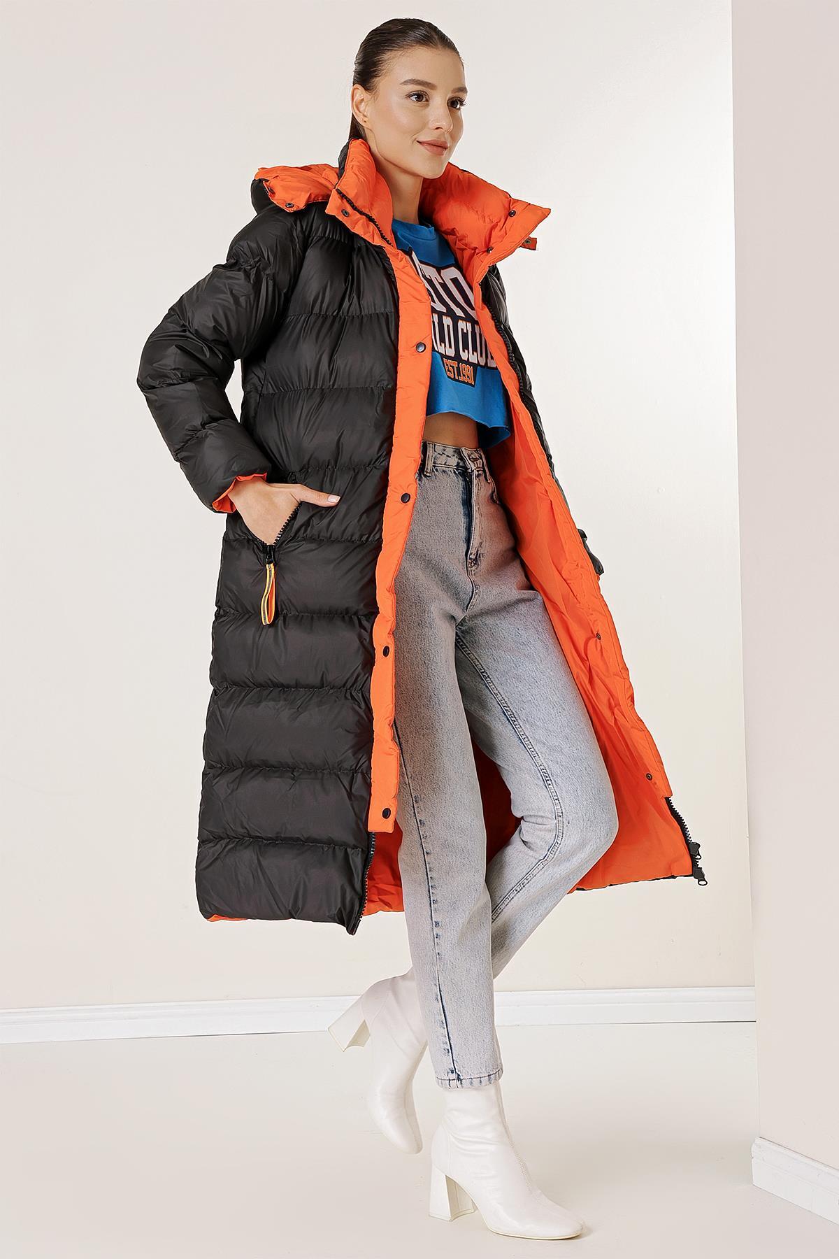 Autor: Saygı Prenosné kapucňou podšité vrecko na zips Dlhý puffer kabát