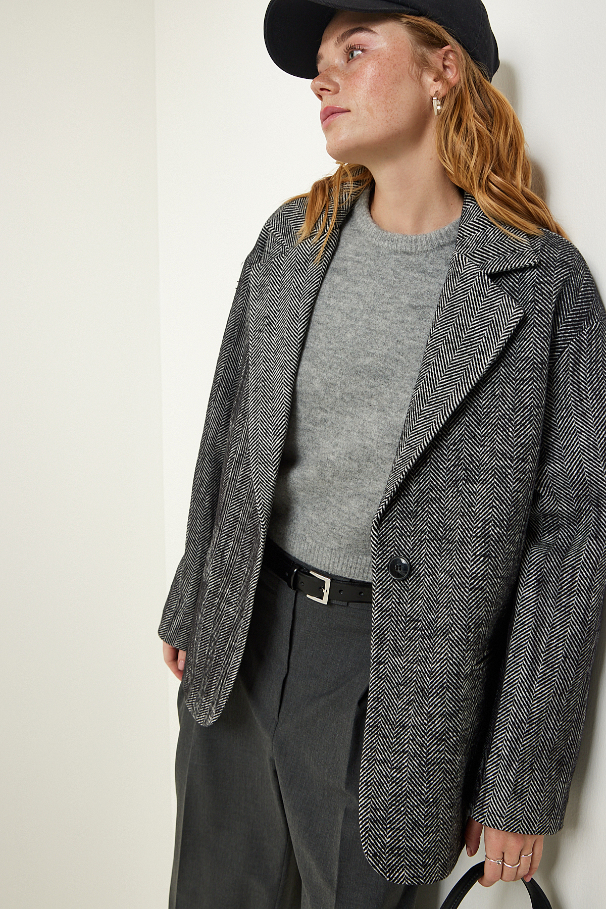 Happiness İstanbul Gray Premium Herringbone Oversize Blazer Jacket