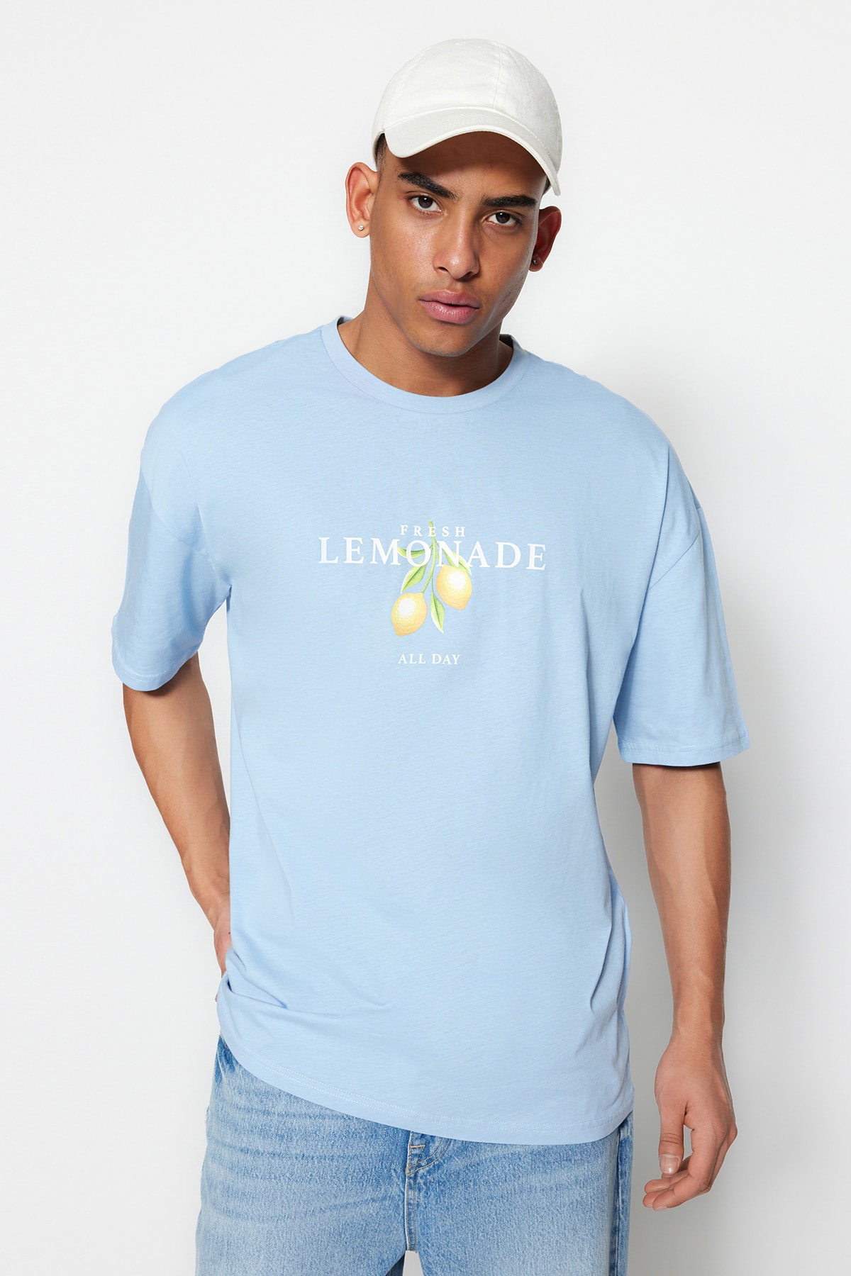 Trendyol Light Blue Unisex Oversize/Wide Fit Crew Neck Short Sleeve Printed T-Shirt