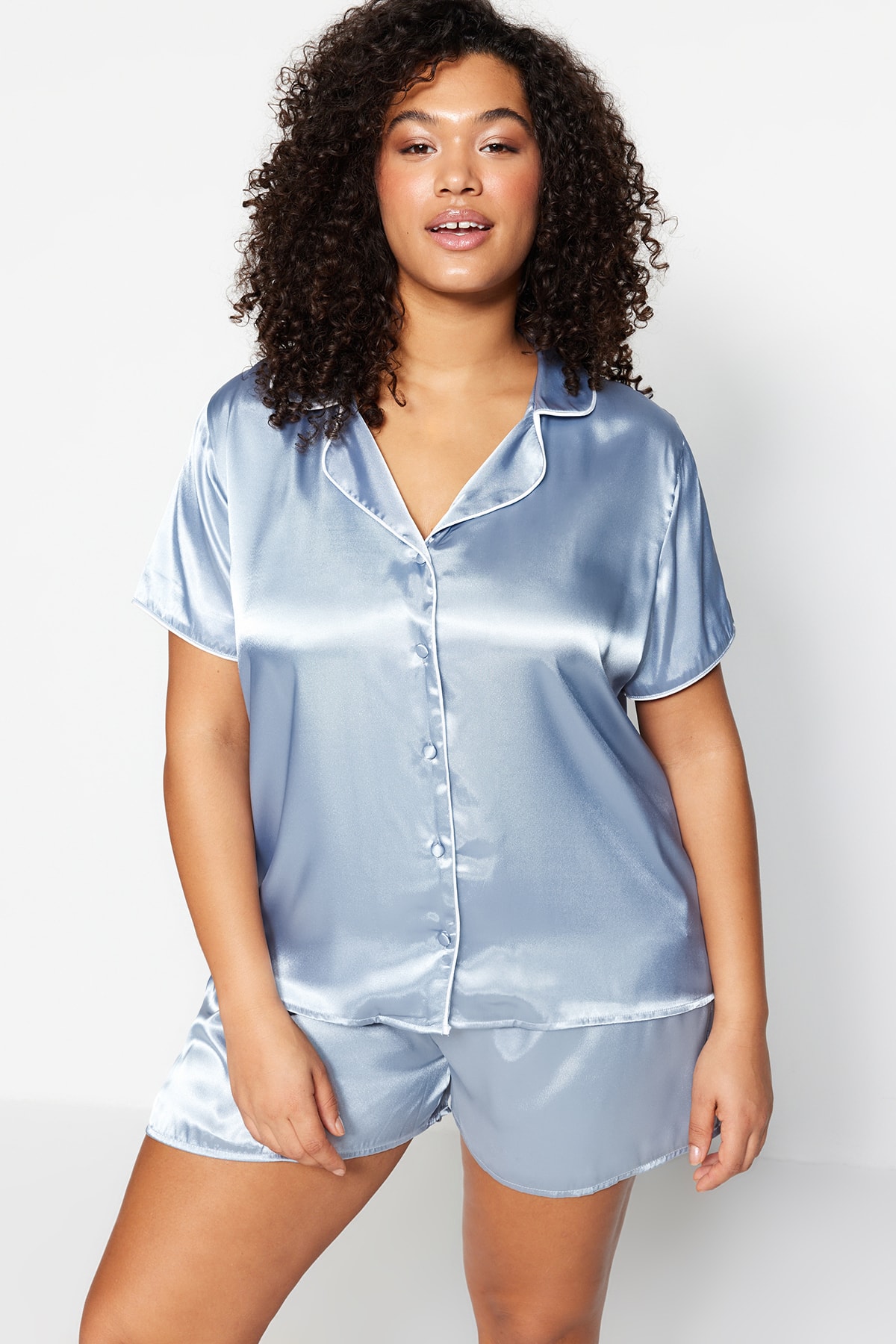 Trendyol Curve Weave Gray Satin Pajamas Set