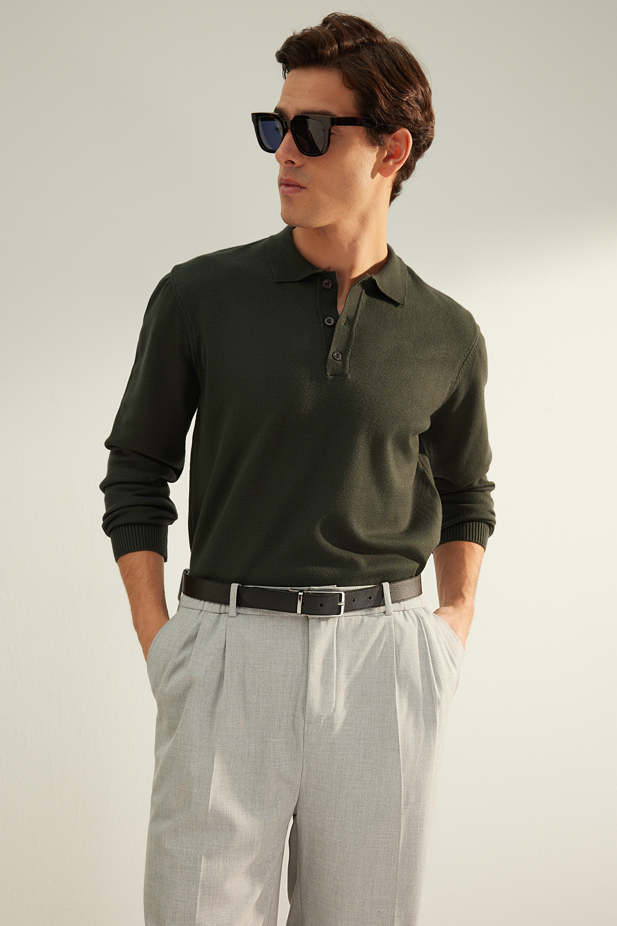 Trendyol Dark Green Regular Fit Polo Collar Limited Edition Basic Knitwear Sweater