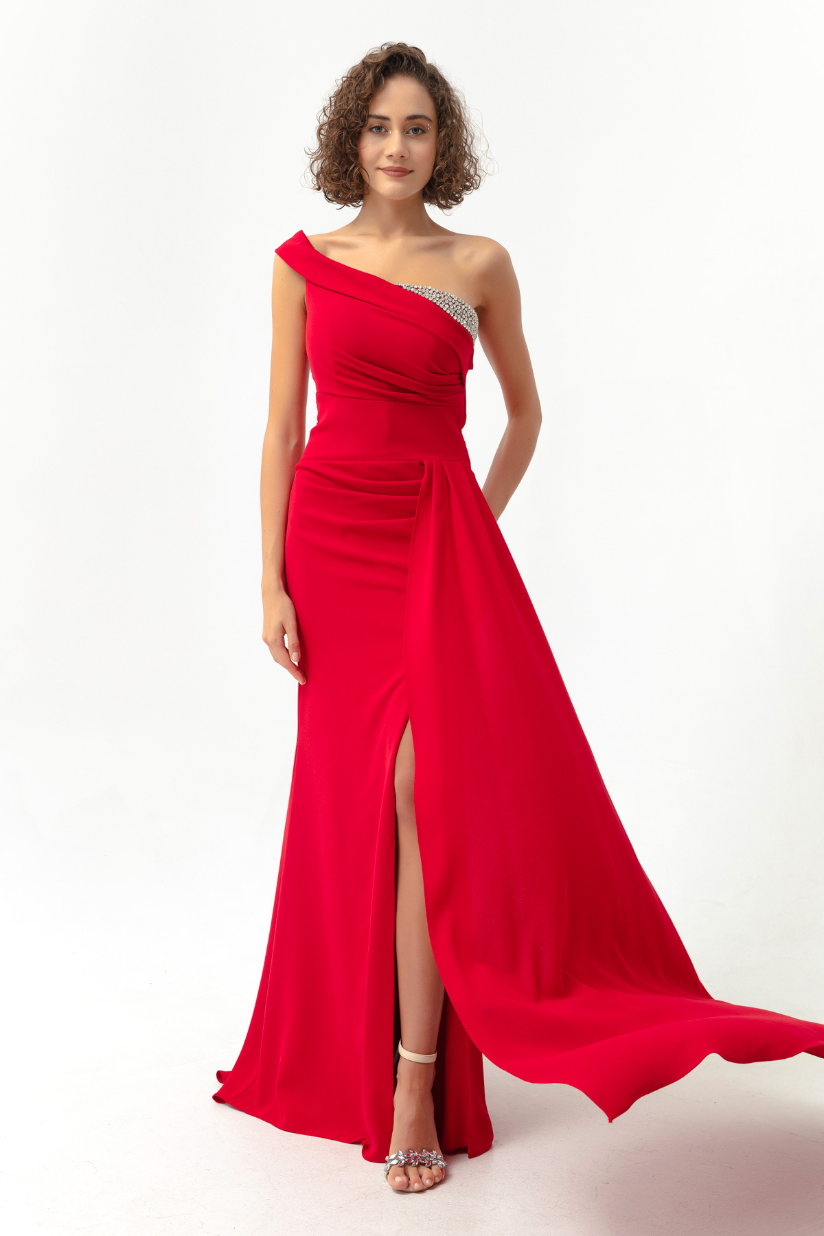 Levně Lafaba Women's Red One-Shoulder Long Evening Dress with Stones.