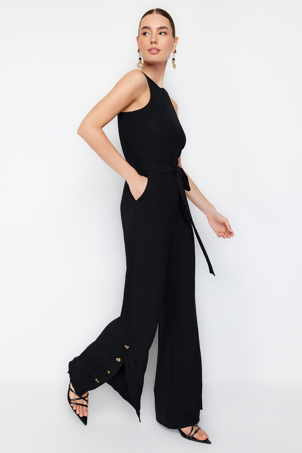 Trendyol Black Belted Snap Detailed Wide Leg Maxi Woven Jumpsuit