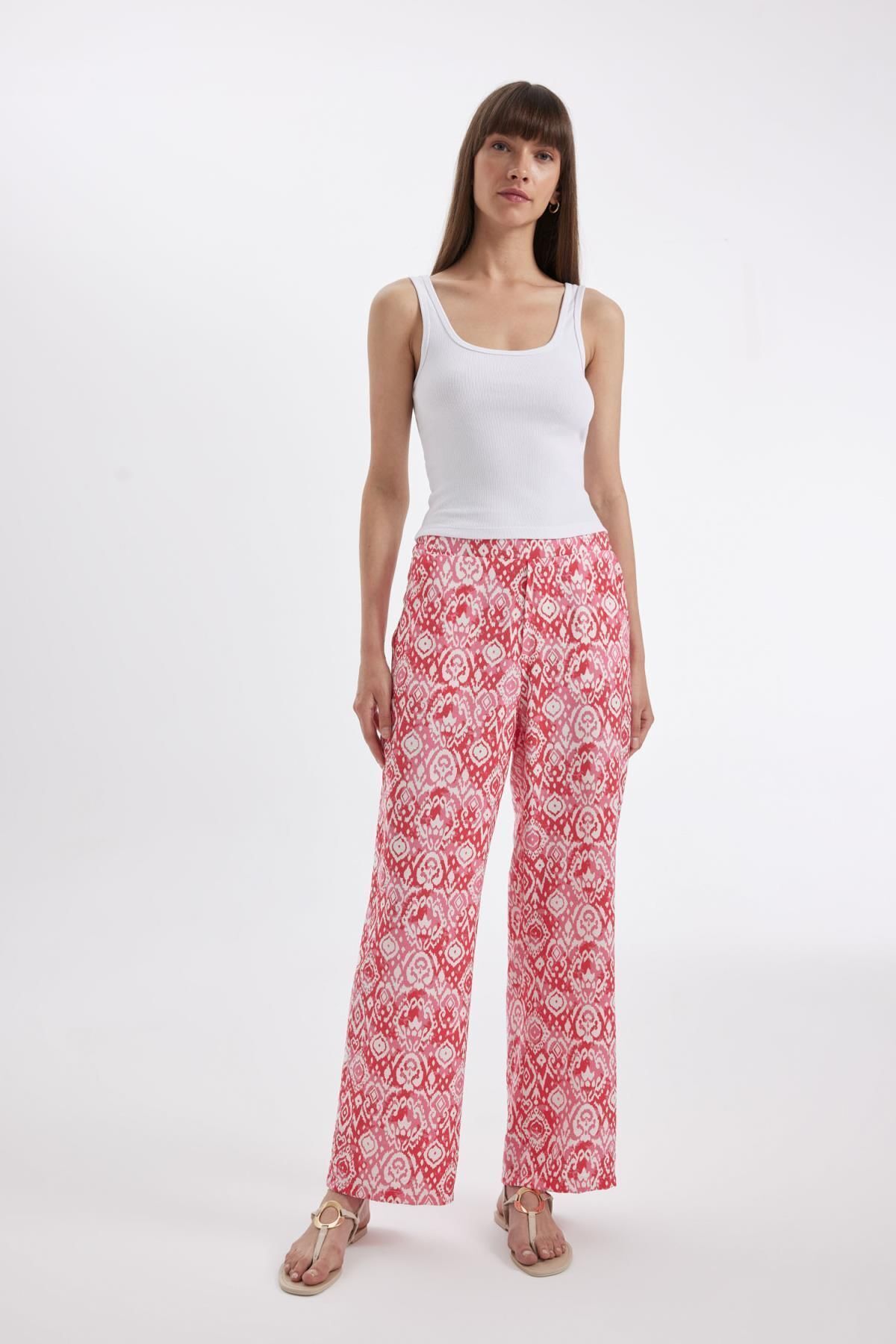 DEFACTO Straight Fit Patterned Pocket High Waist Wide Leg Trousers