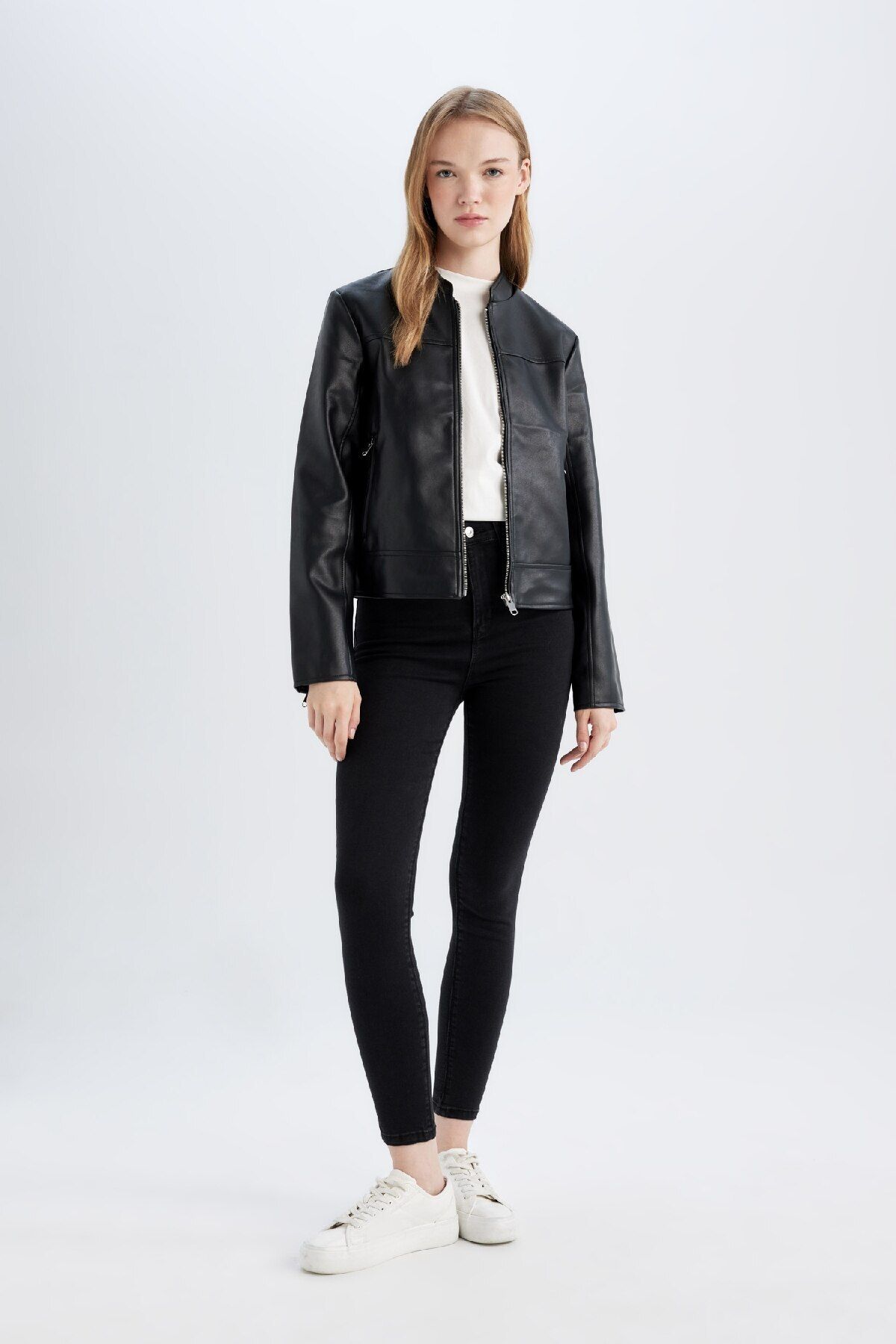 DEFACTO Regular Fit Zippered Pocket Black Faux Leather Jacket