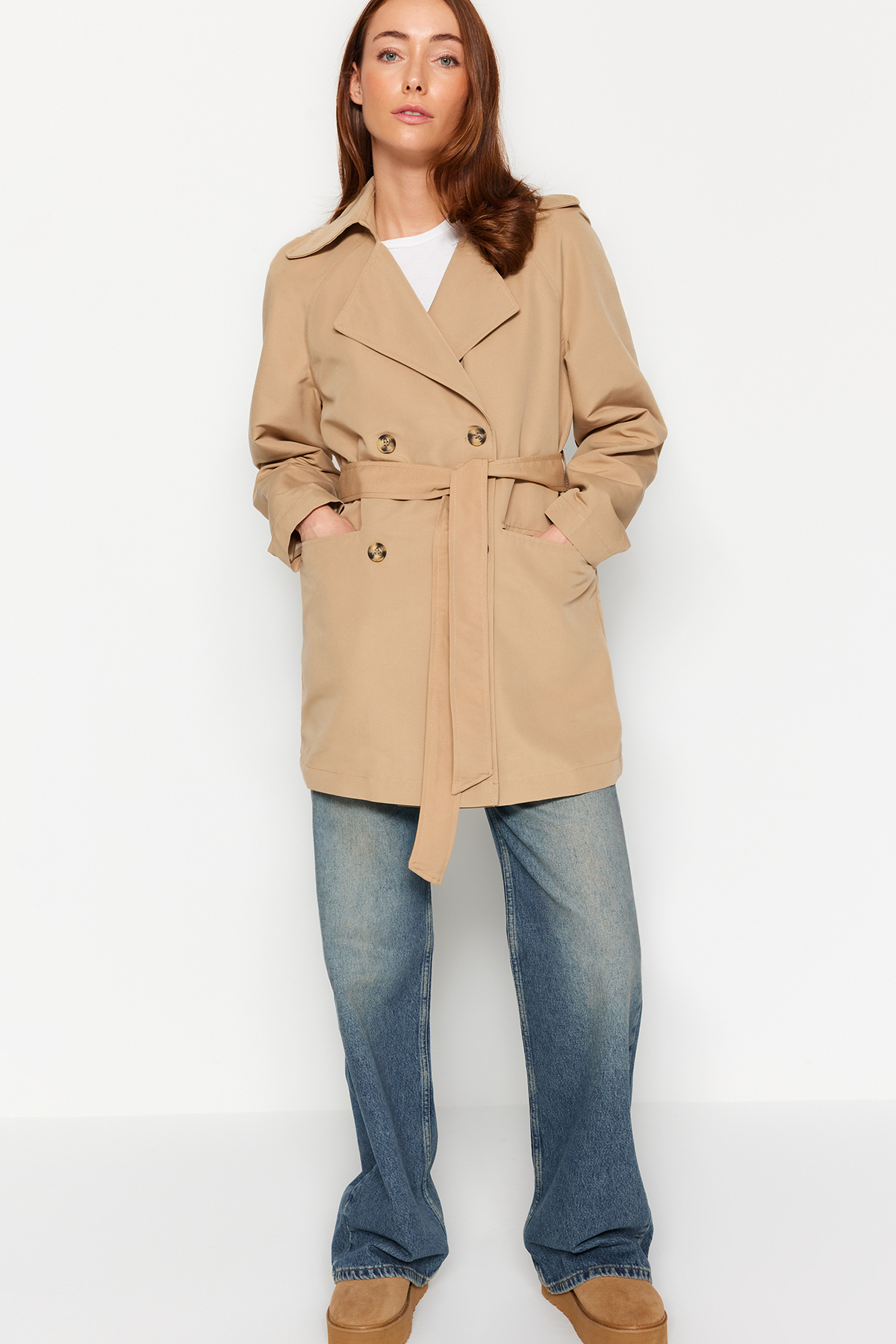 Trendyol Bej oversize wide cut beltted trenci