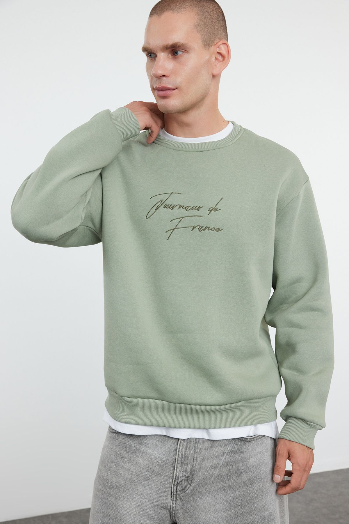 Trendyol Mint Oversize/Wide Cut Text Embroidered Sweatshirt