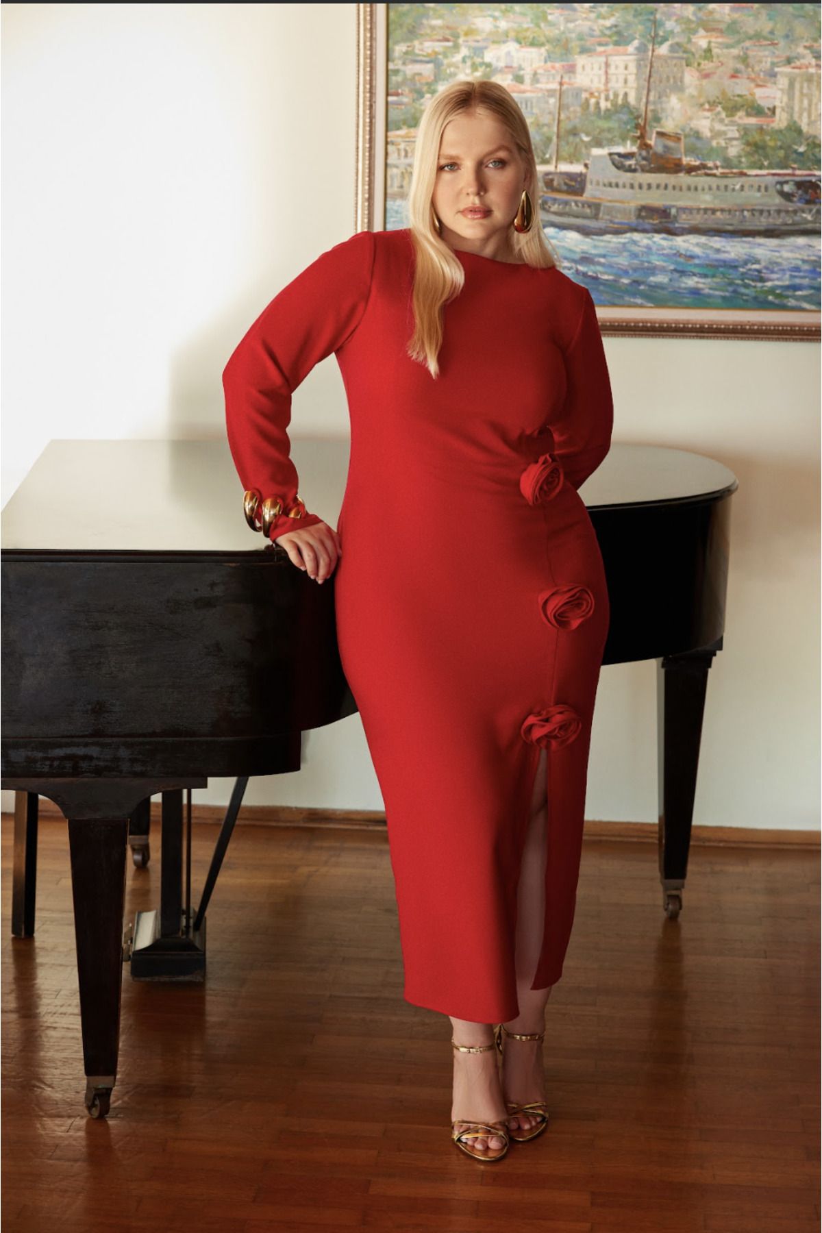 Trendyol Curve Red Boat Neck Maxi Slit Rose Woven Plus Size Dress