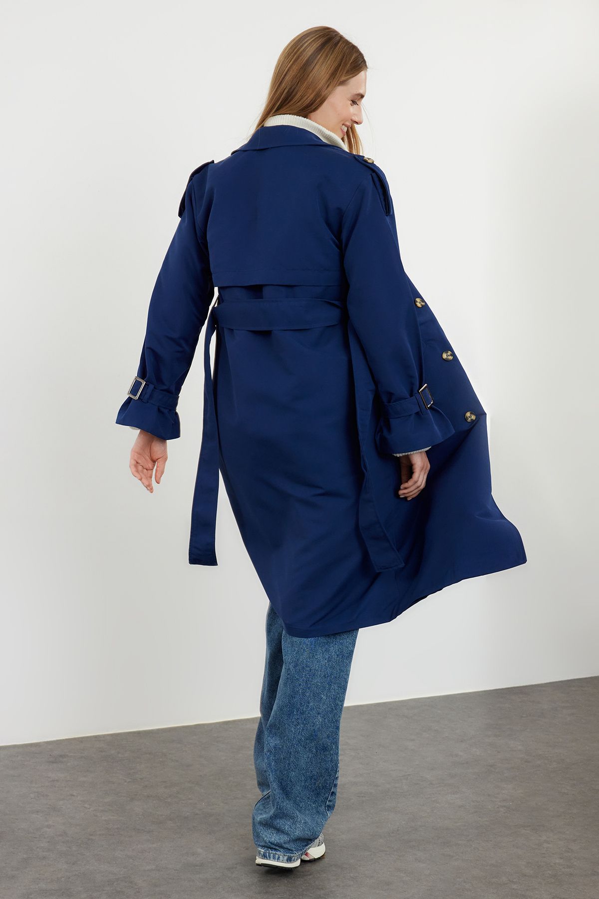Trendyol Dark Navy Blue Oversize Belted Trench Coat