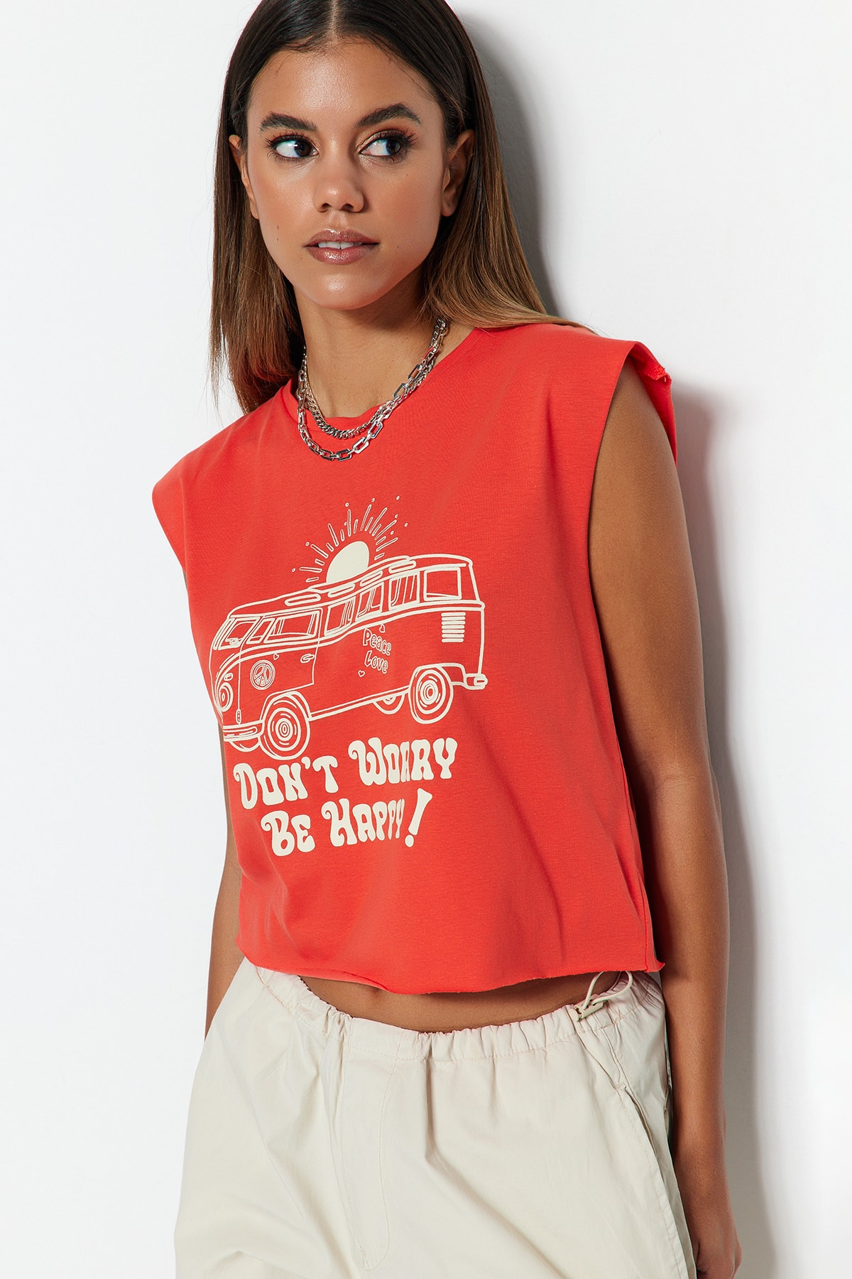 Trendyol Red 100% Cotton Printed Sleeveless Relaxed/Comfortable Crop Crew Neck Knitted T-Shirt